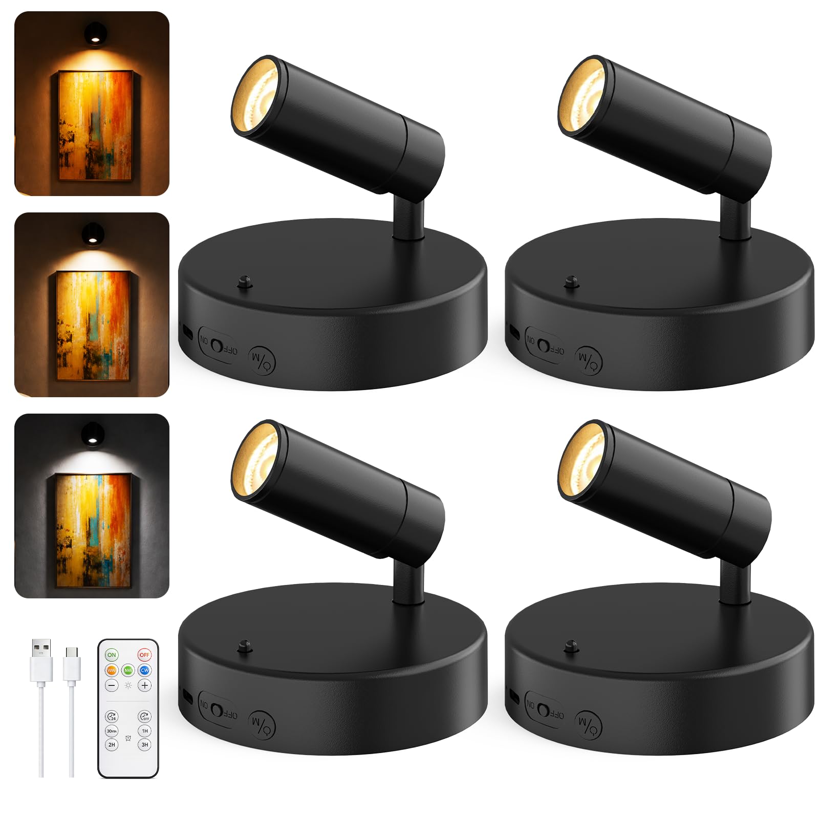 GOODEA Spotlights Indoor with Remote, 5500mAh Rechargeable Battery Plant Spotlight Indoor, Wireless Uplighting with 3 Colors &amp; 24H Cycle Timer, Picture Light for Painting(4 Pack 5500mAh, Black)