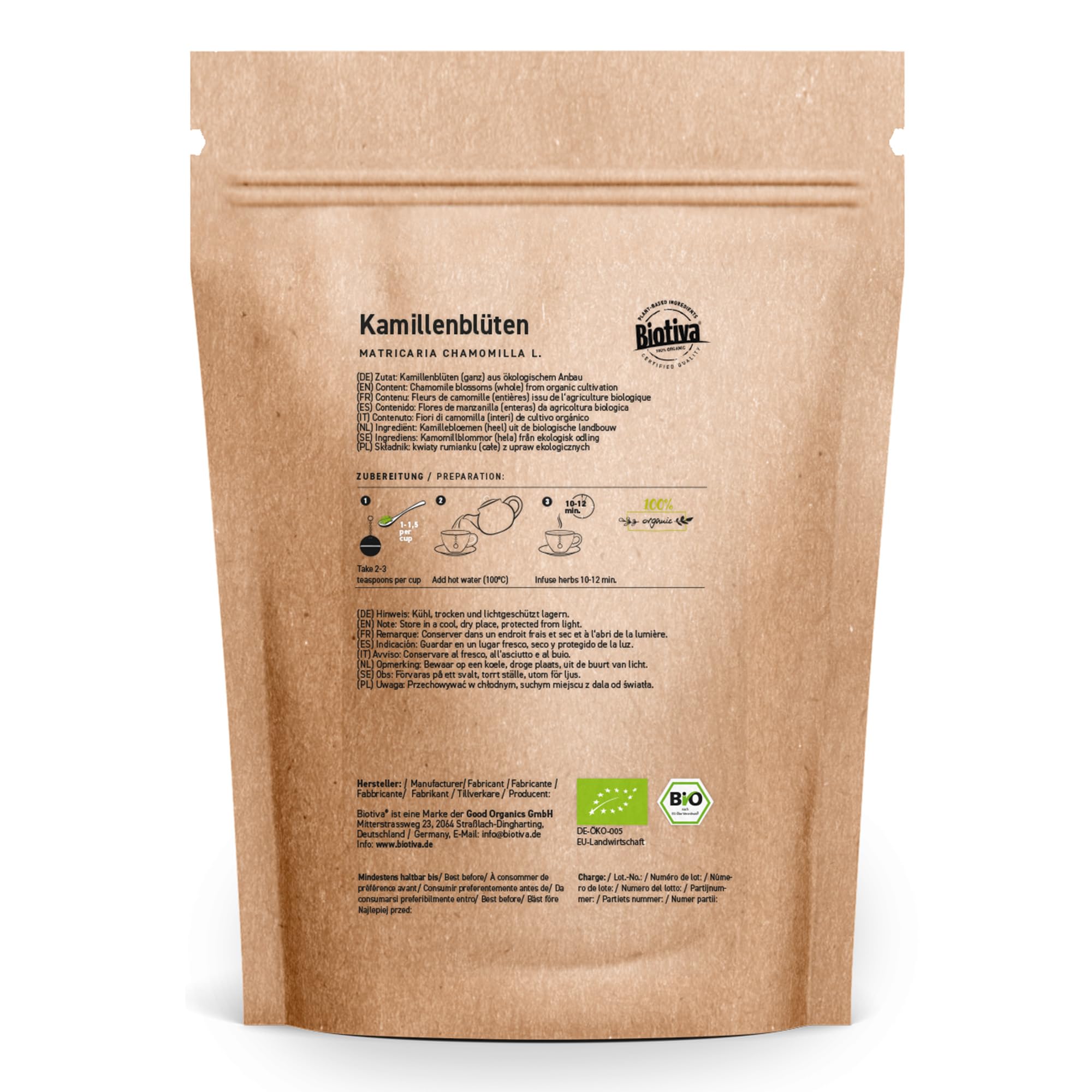 Tisane de fleurs de camomille bio 500g - Culture UE - Fleurs de camomille bio de grande qualité - Matricaria chamomilla - Bain à la camomille- Biotiva