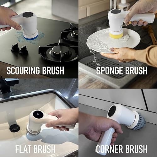 Miniatura 6 de Limpiador eléctrico giratorio, cepillo de limpieza inalámbrico para el hogar, IPX7 impermeable con 5 cabezales de cepillo reemplazables y mango de