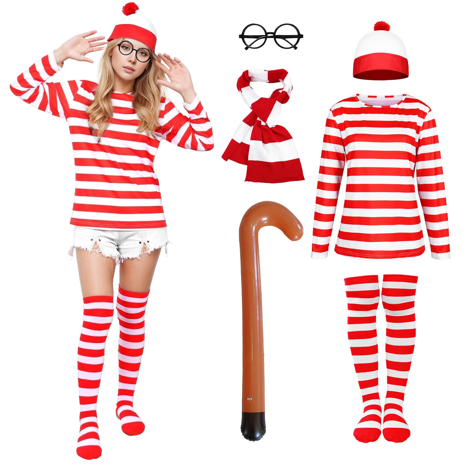 Suffolly Red and White Striped T Shirt Set for Adult 5PCS Wally Costume Hat T-shirt Cane Scarf Glasses Costume Set 90s 80s Fancy Dress Halloween Costumes for Men Women (Women, S)