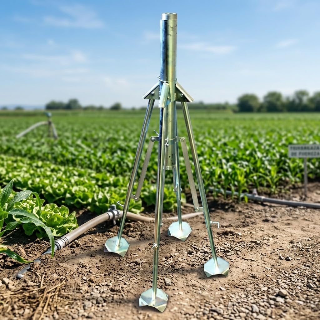 Treppiede Agricola professionale per braccio spruzzatore di irrigazione. Filettatura 1 1 4 maschio per tuberia di 40 mm Altezza regolabile da 1 a 2 metri. Made in acciaio inox. 3 gambe. usato in