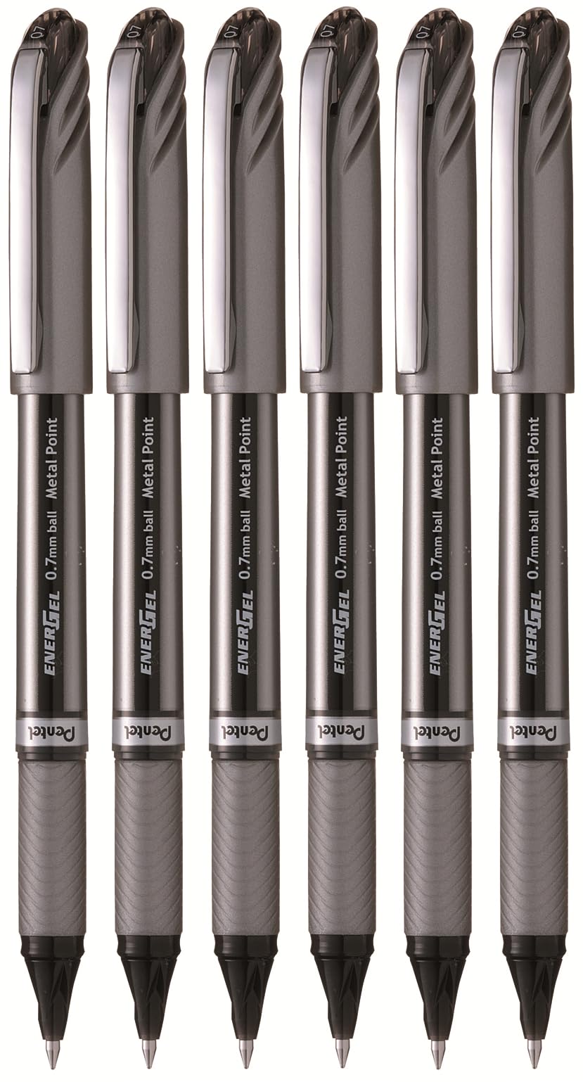 Pentel EnerGel BL27 Liquid Gel Ink Rollerball Pen - 0.7mm Metal Tip - Black Ink - Pack of 6