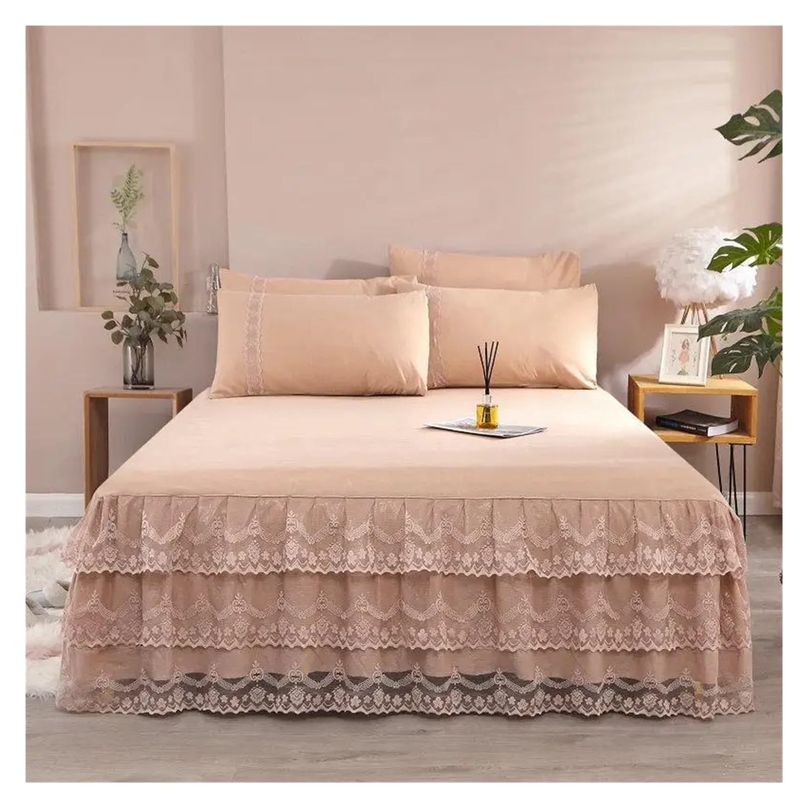 Bed Skirt Pillowcase Bed Set Ruffle Three Layers Lace Bedspreads Sheet Soft Fitted Sheet Cover(5,200x220cm 3pcs set)