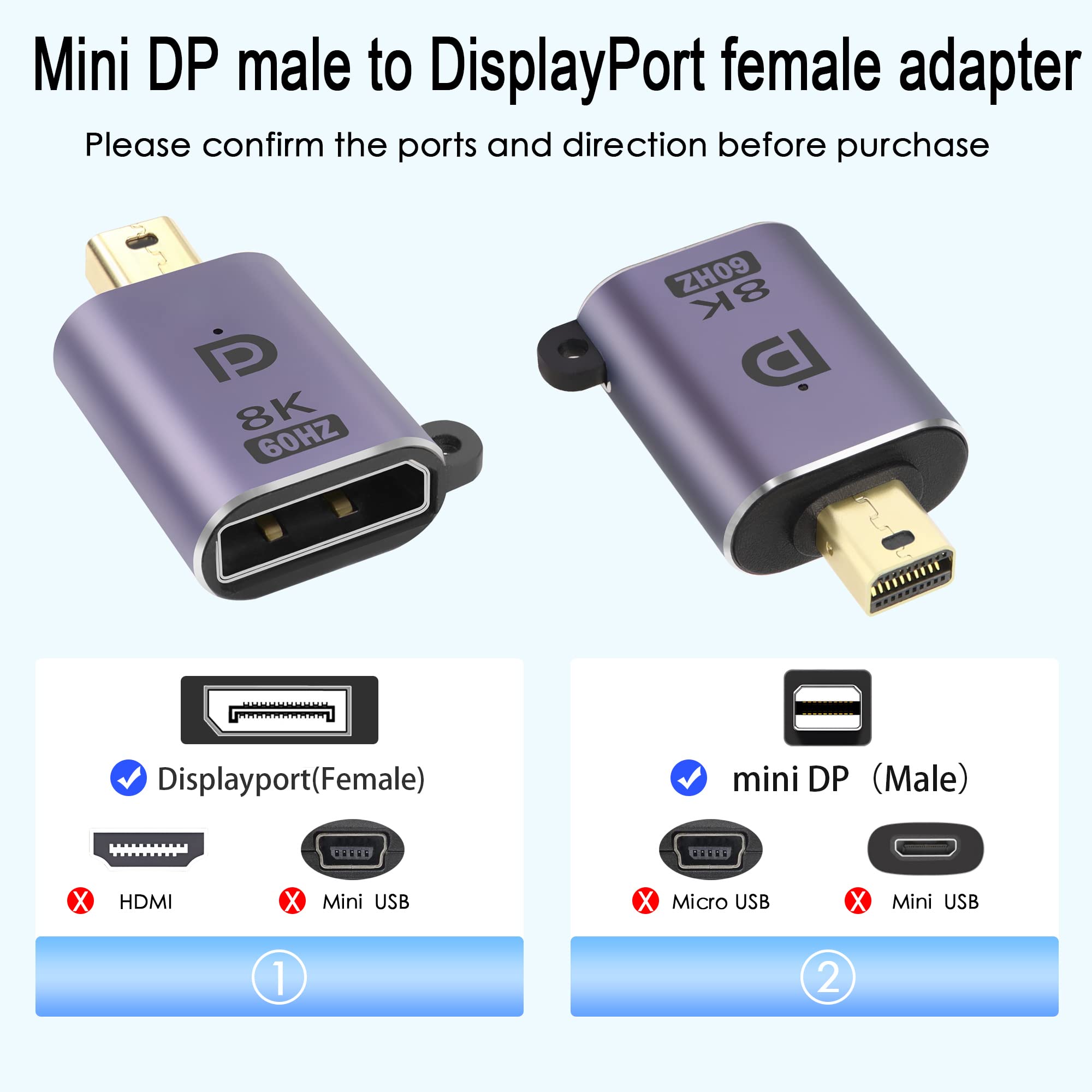 QIANRENON Lot De 2 Adaptateurs Mini DP 1.4 Vers DisplayPort 1.4 8K@60Hz – Bidirectionnel, LED, Alu, Pour MacBook, Surface, Tablette, Moniteur