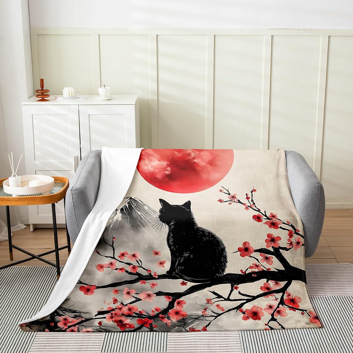 Couverture en flanelle chat noir style Ukiyo-e gris plaid enfant