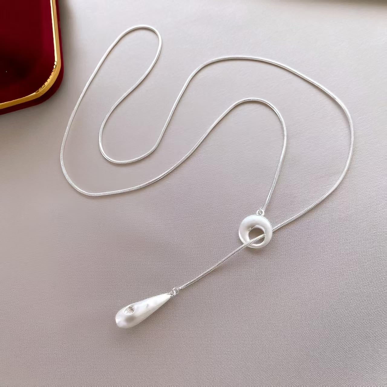 Long Y Necklace for Women Silver Drop-Shaped Pendant Necklace Adjustable Chain Necklace for Women. - Image 4