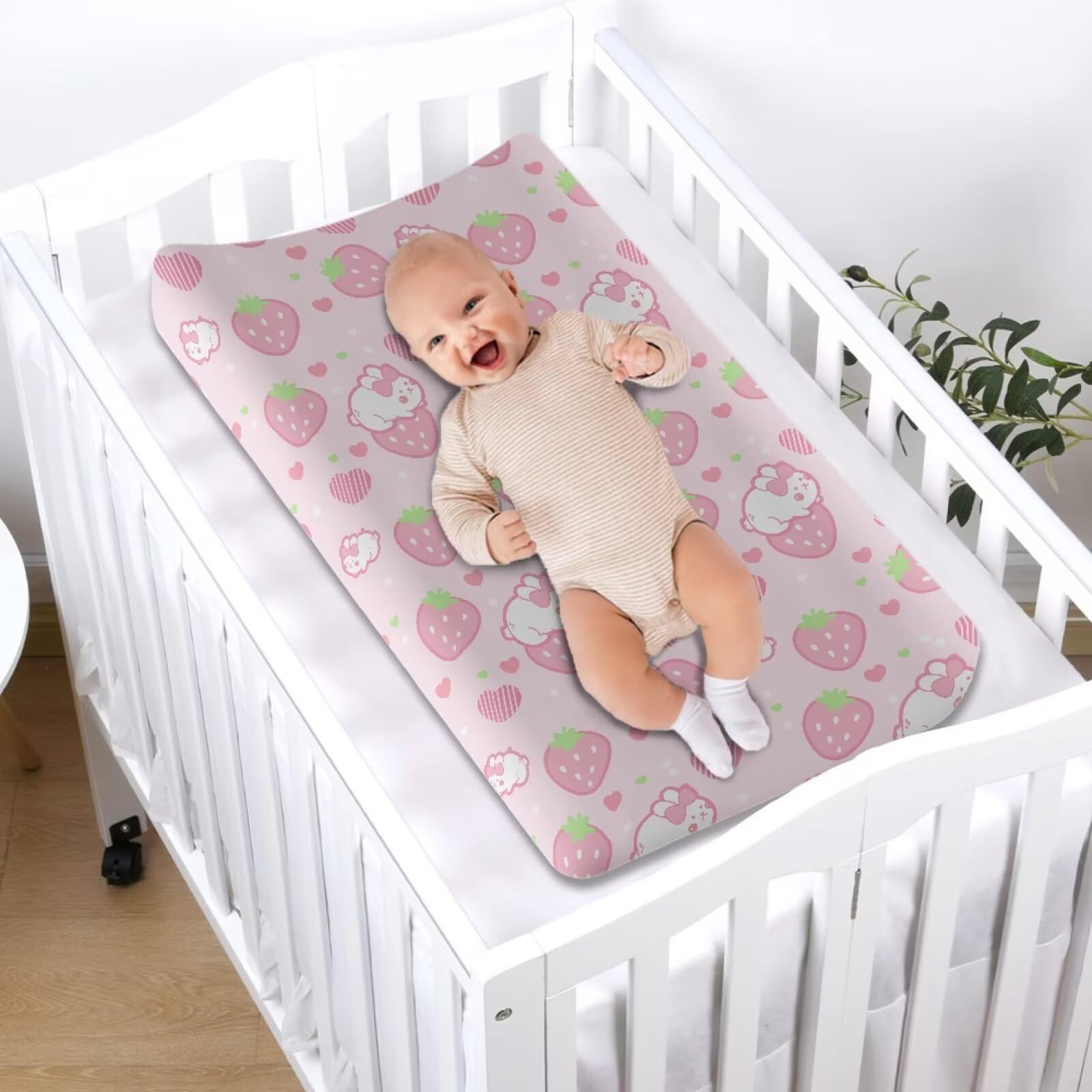 PJHEQOXE Diaper Changing Pad Cover Strawberry Bunny Comfy Breathable Changing Table Cover for 32 x16 in Changing Table Pads Washable Universal Size