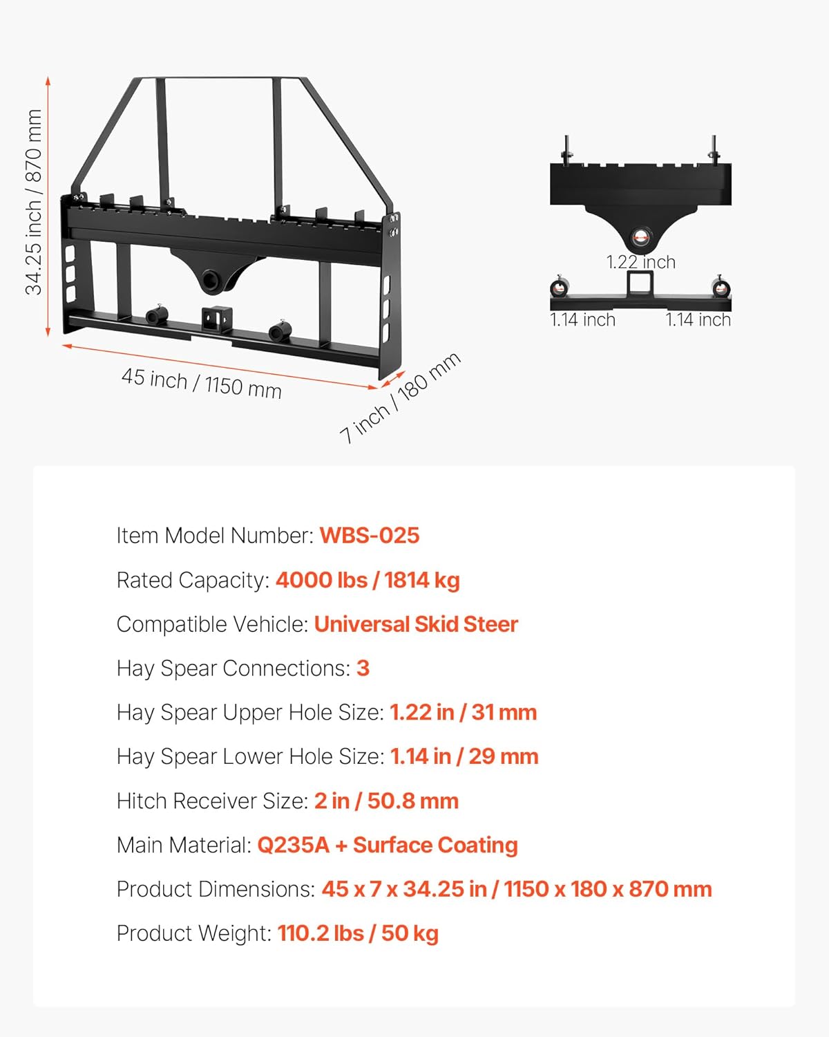 VEVOR Skid Steer Pallet Fork Frame, 4000 lbs Rated Capacity, 45-inch Pallet Fork Frame Attachments with 2-inch Hitch Receiver & Spear Sleeves, Fit for Quick Attach Tractor Loaders, Frame Only