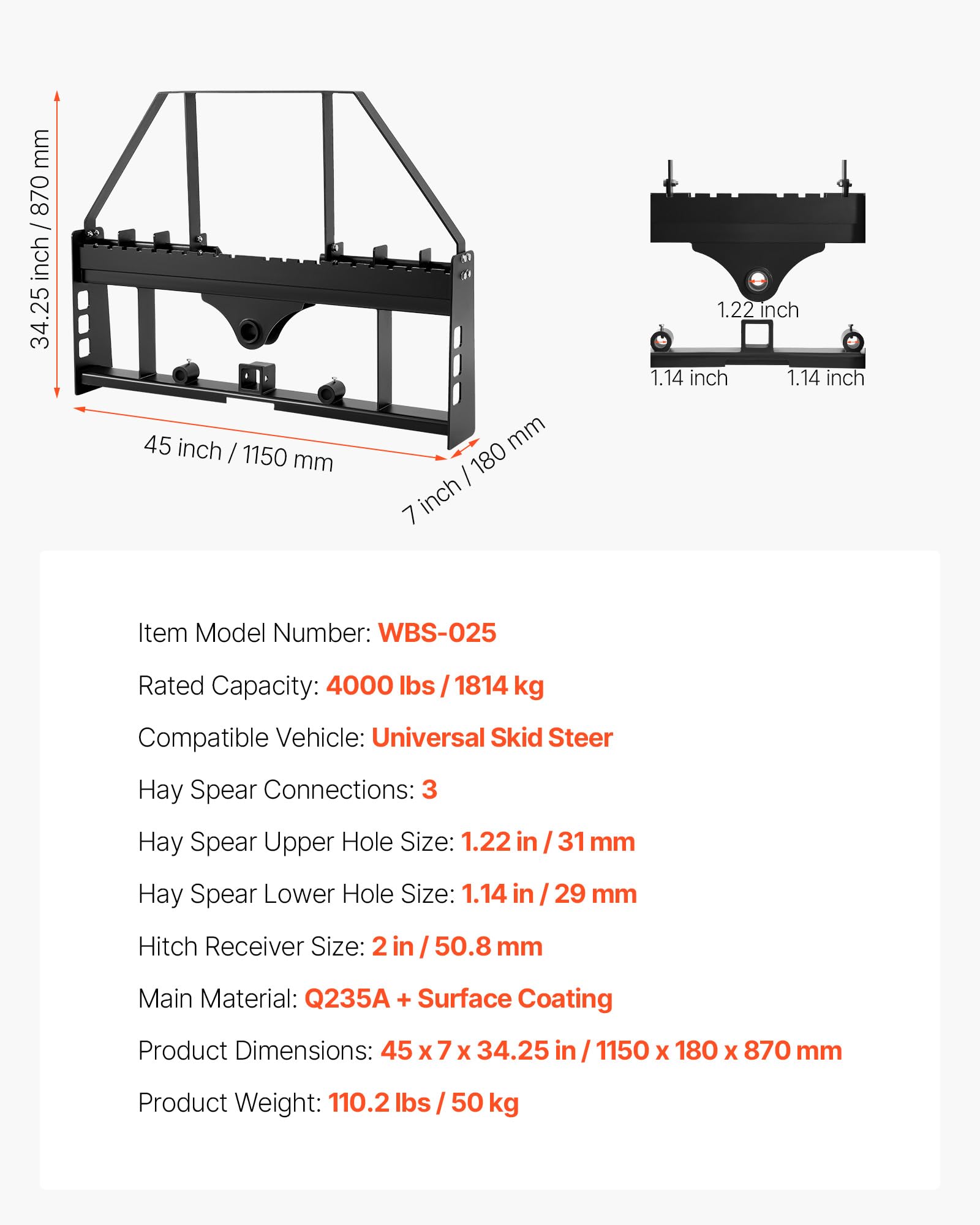 VEVOR Palettengabelrahmen für Kompaktlader, 1814 kg, 1150 mm Palettengabelrahmenaufsätze mit 50,8 mm Anhängerkupplung & Speerhülsen, passend für Schnellkupplungs-Traktorlader, nur Rahmen
