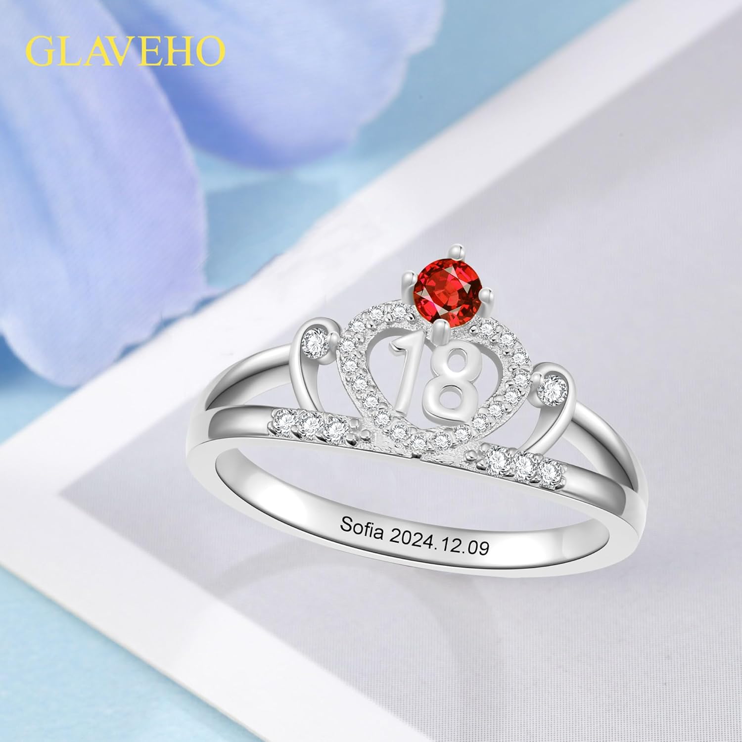 10K Gold Sweet 18 Ring 10K Real Gold Engraved Name 18th Birthstone Ring Birthday Gift for Women