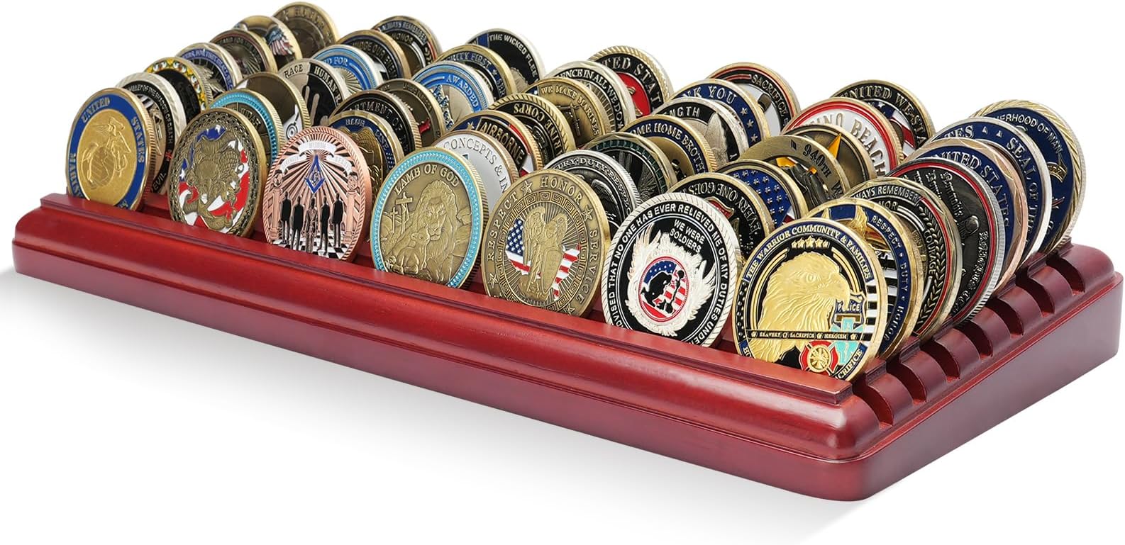 7 Rows Challenge Coin Display Stand Solid Wood Military Coin Holder Case Army Coins Rack Holds 49 Coins, Mahogany Finish