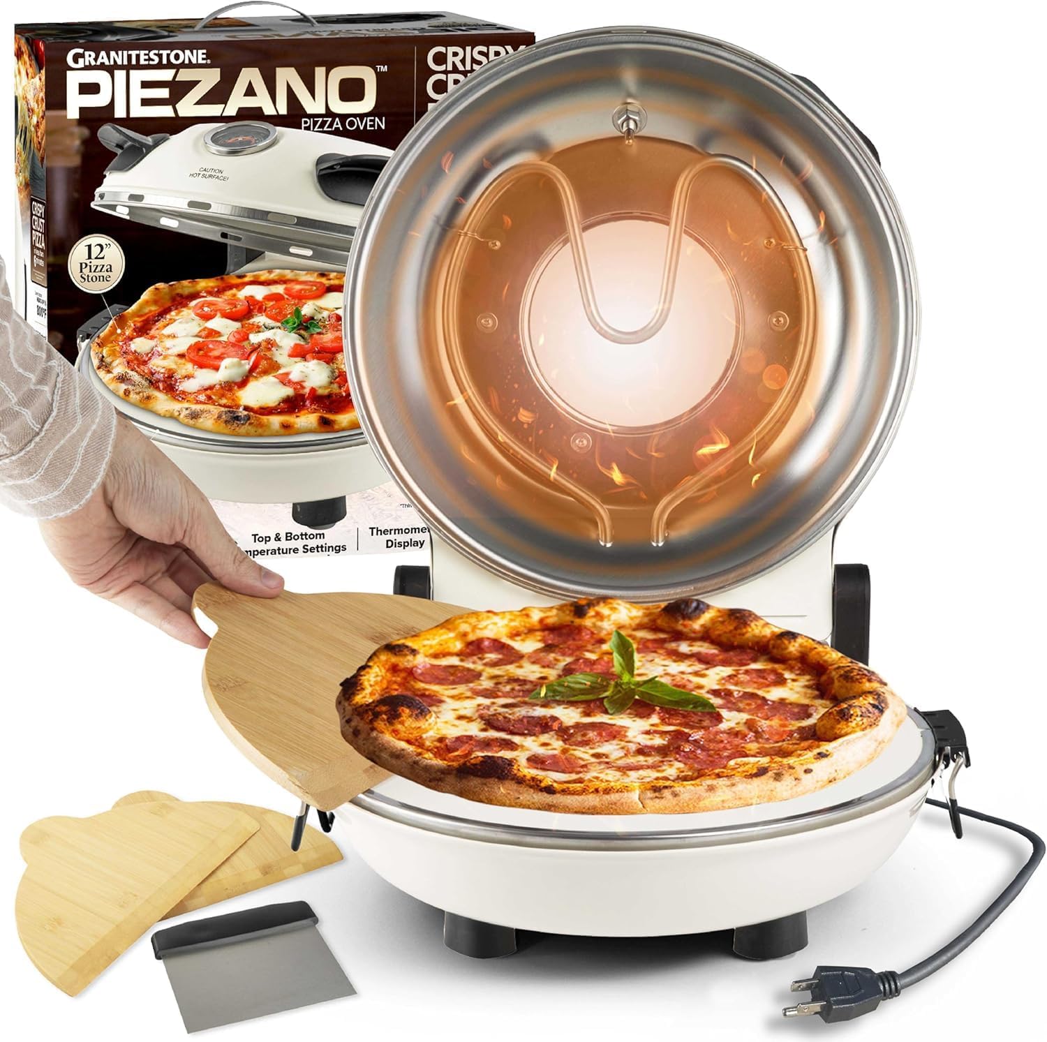 PIEZANO Pizza Oven EXCLUSIVE Bundle with Pizza Cutter + Dough Roller by Granitestone, Electric Pizza Oven Indoor Portable, 12 Inch Indoor Pizza Oven Countertop Heats up to 800˚F, Cream