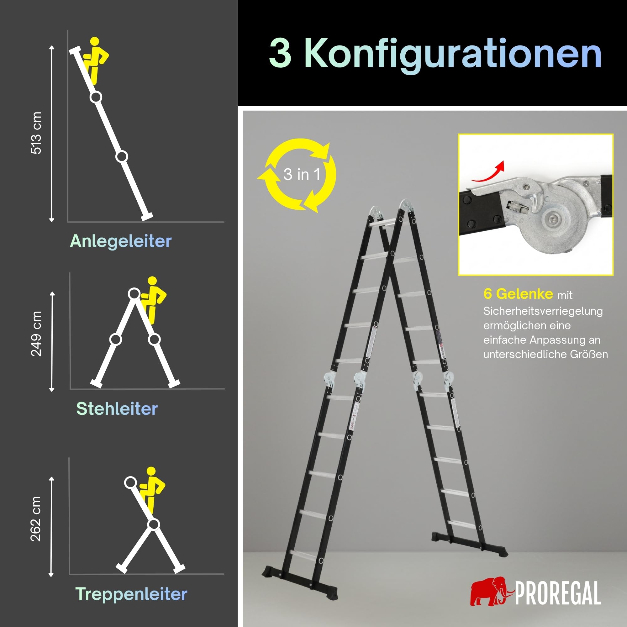 Scala multifunzione MULTISTEP a 3 sezioni in alluminio 4x5 pioli Nera Altezza fino a 5,13 m Portata massima 150 kg Scala a pioli, scala estensibile e scala allungabile