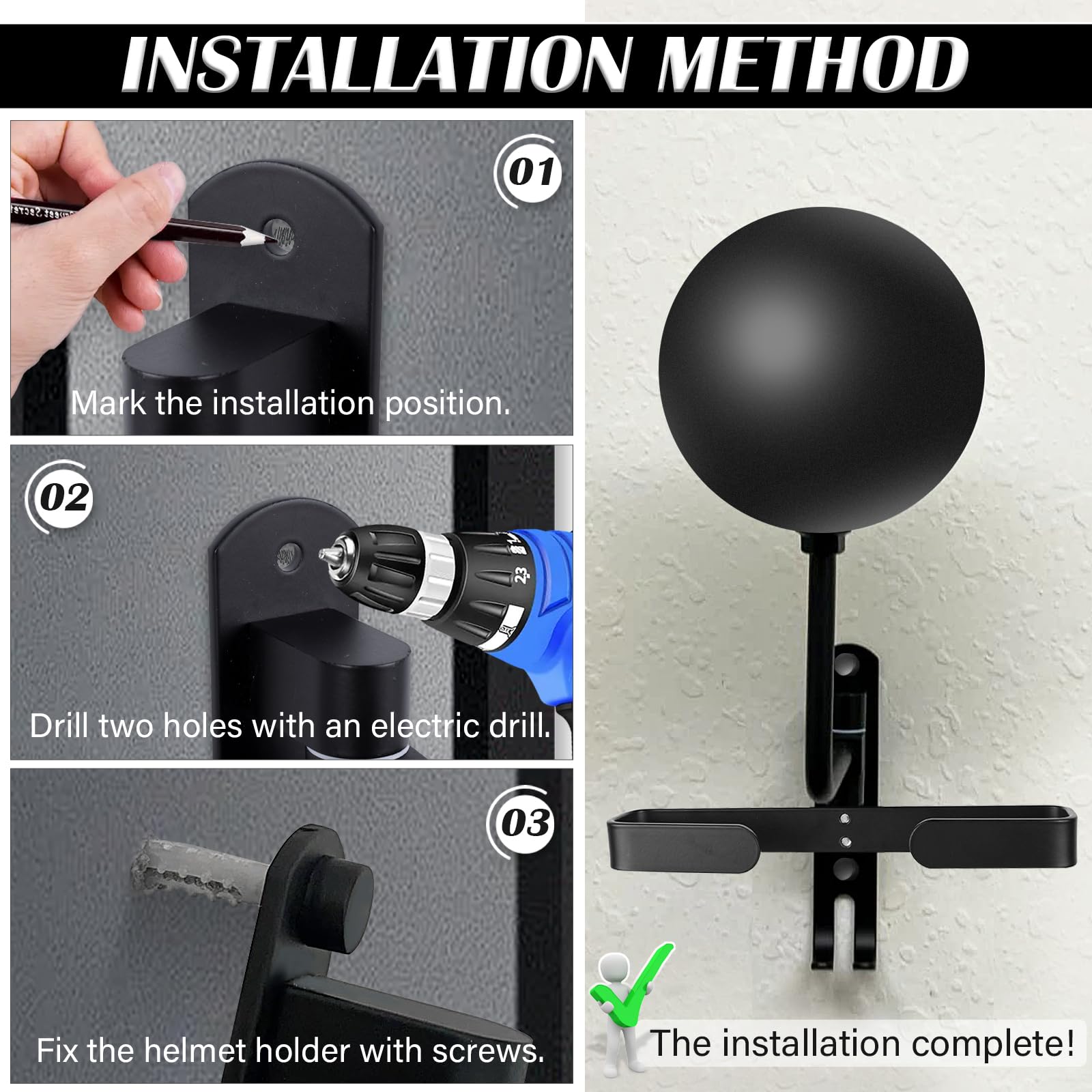 Kikerike Soporte de pared para casco de motocicleta, rotación de 180 grados, soporte de metal para casco de bicicleta, soporte para casco de bicicleta con 2 ganchos para motocicleta, bicicleta