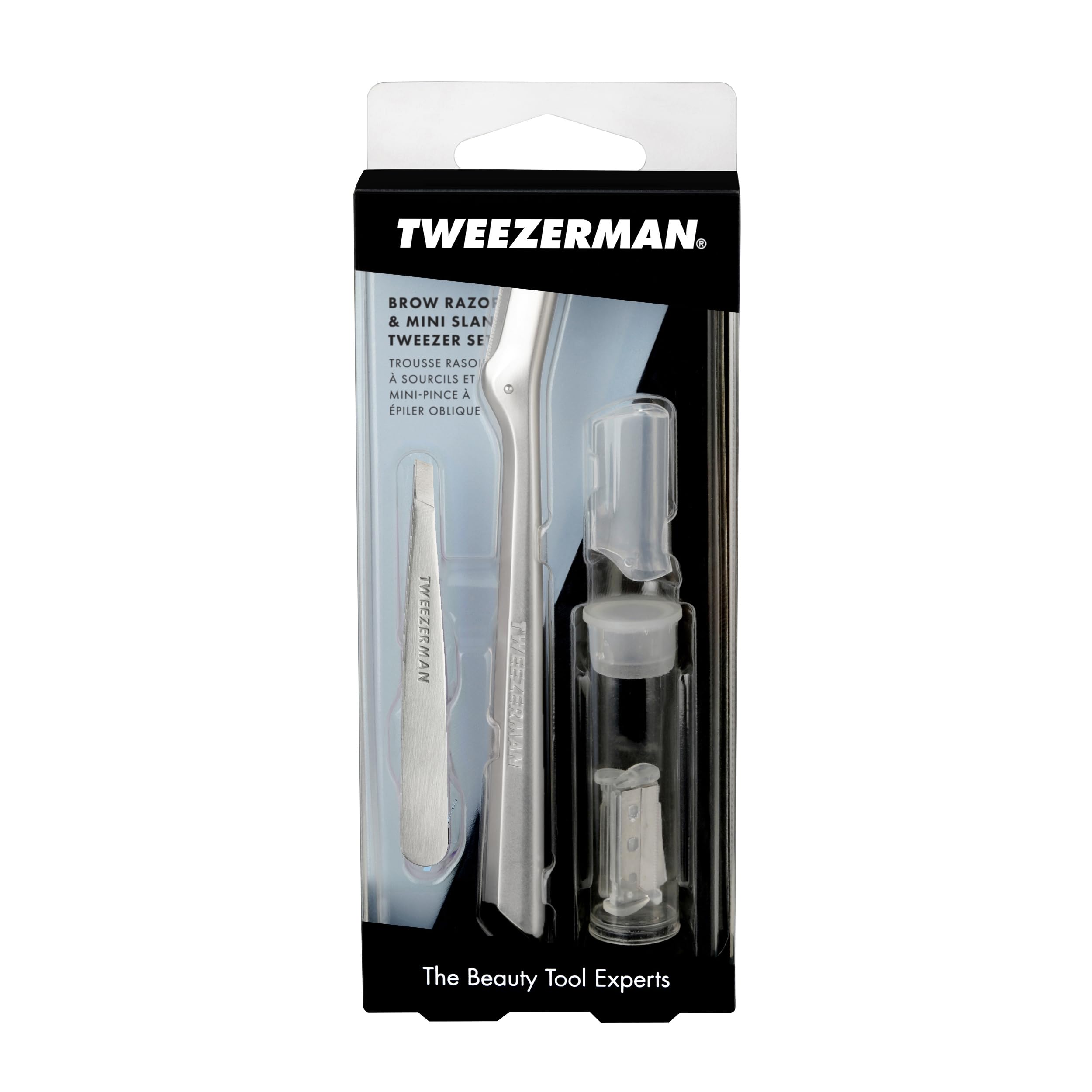 TWEEZERMAN Set de afeitadora de cejas con mini pinza inclinada (Mini Slant Tweezer & Brow Razor Set), plateado