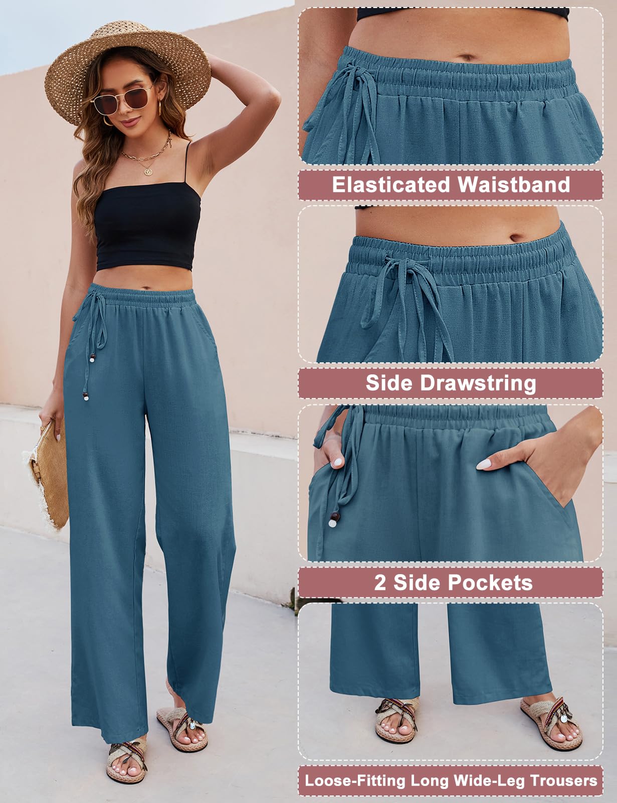 PASUDA Pantaloni Donna Pantaloni in Lino Estivi Larghi da Donna Eleganti Elastico Vita Alta Pantaloni Gamba Dritta Casual Leggeri Pantalone con Tasche e Coulisse Laterale