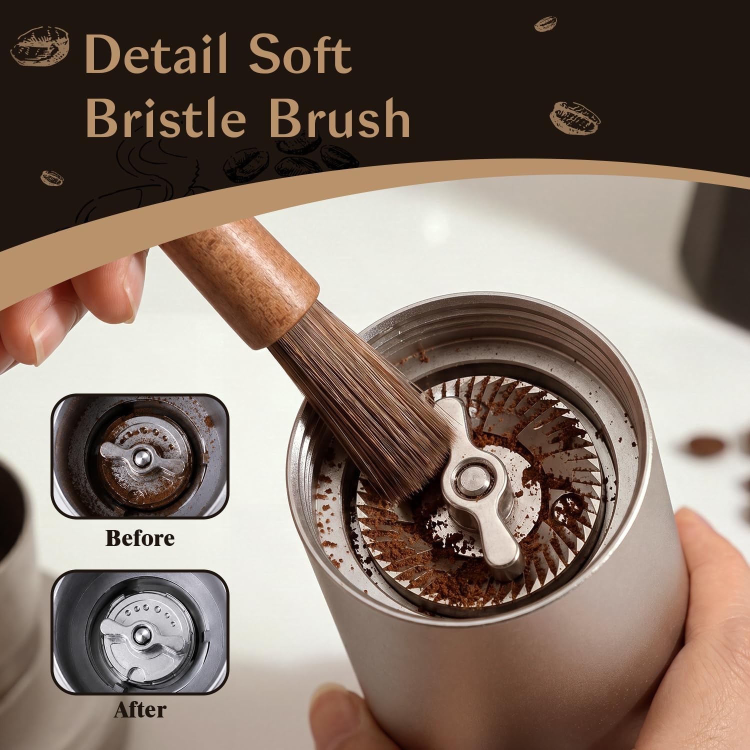Belongtous 5Pcs Coffee Grinder Cleaning Brush Set, Complete Coffee Cleaning Kit with Large Soft Bristles Coffee Brush, Small Detail Brush, Group Head Brush, Air Blower, Cleaning Cloth image 5