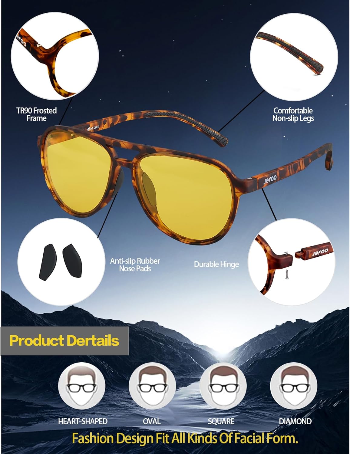 Jefoo Night Vision Glasses for Men Women Anti Glare Night Driving Glasses Polarized Yellow Lens - Image 5
