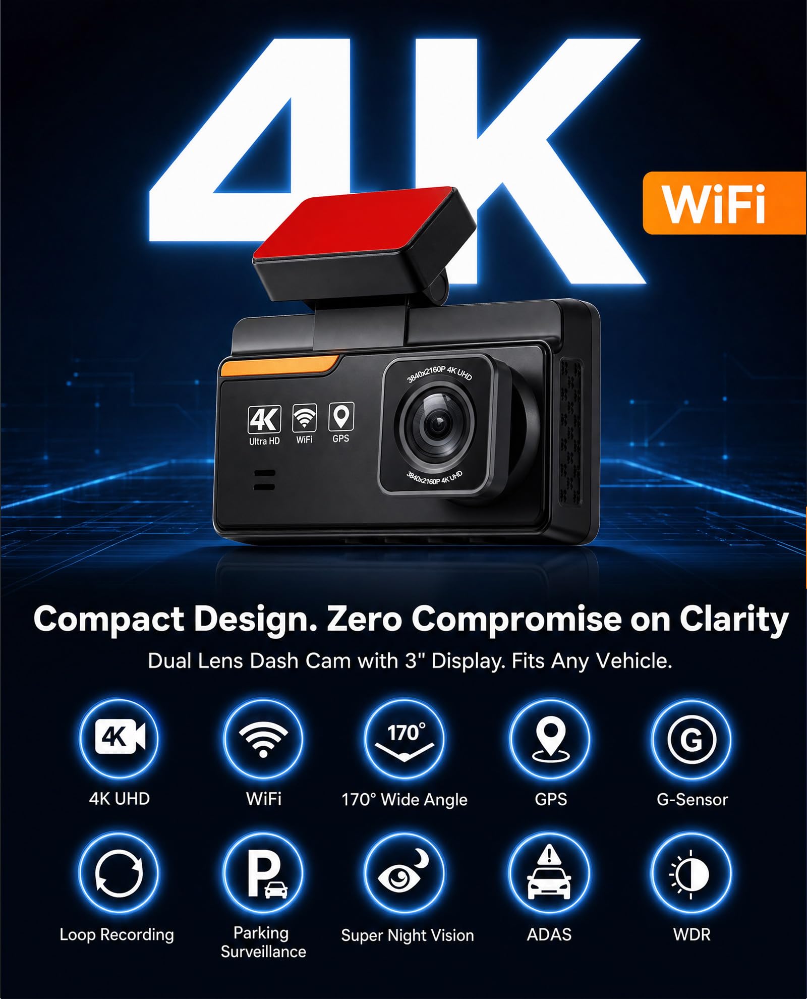 SIXWIN 4K Dashcam, 4K+1080P Doppia Telecamera Auto, 3" Display con WiFi e Controllo App, GPS, ADAS, BSD, LCA, Visione Notturna, Grandangolo, Registrazione in Loop, Sensore G, Parcheggio 24H