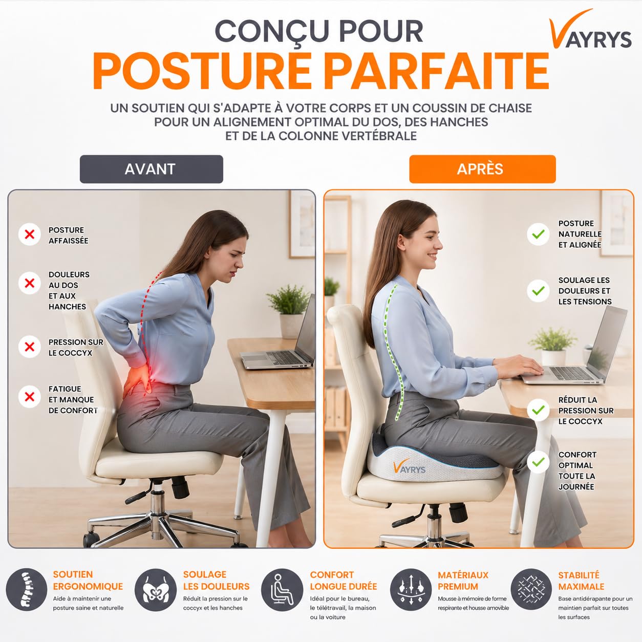 Coussin Ergonomique Assise – Mousse Mémoire de Forme – Coccyx, Bureau, Voiture – Soutien Lombaire, Respirant, Housse Amovible (Gris)