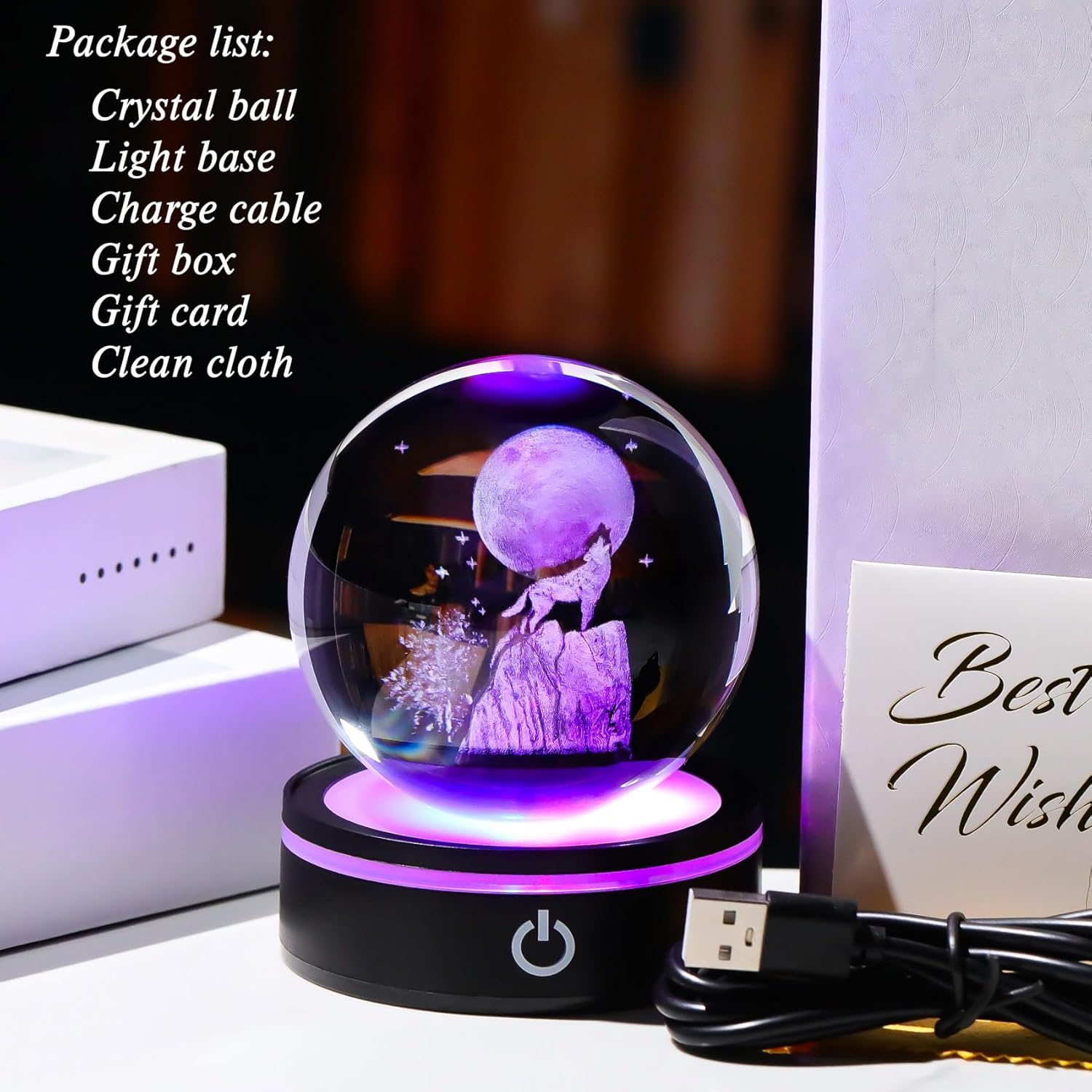 YWHL 3D Crystal Wolf Gifts for Women Men, 3.14In 3D Wolf Figurine Ball with Light Base for Wolf Lovers on Birthday Christmas, Collectible Wolf Statue for Home Party Decor(80mm) - Image 4