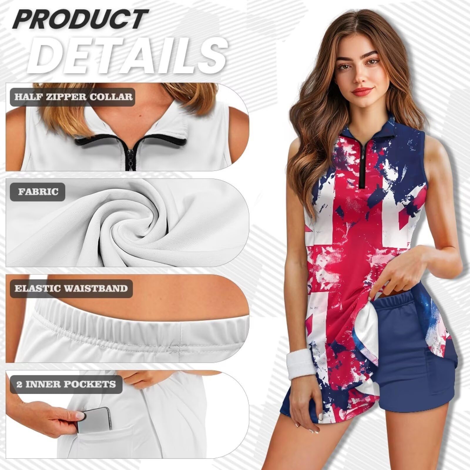 Vestido de tenis para mujer con pantalones cortos, cuello en V, sin mangas, vestido de golf, casual, entrenamiento, ejercicio, deportes, traje de verano, Bandera británica del Reino Unido, S