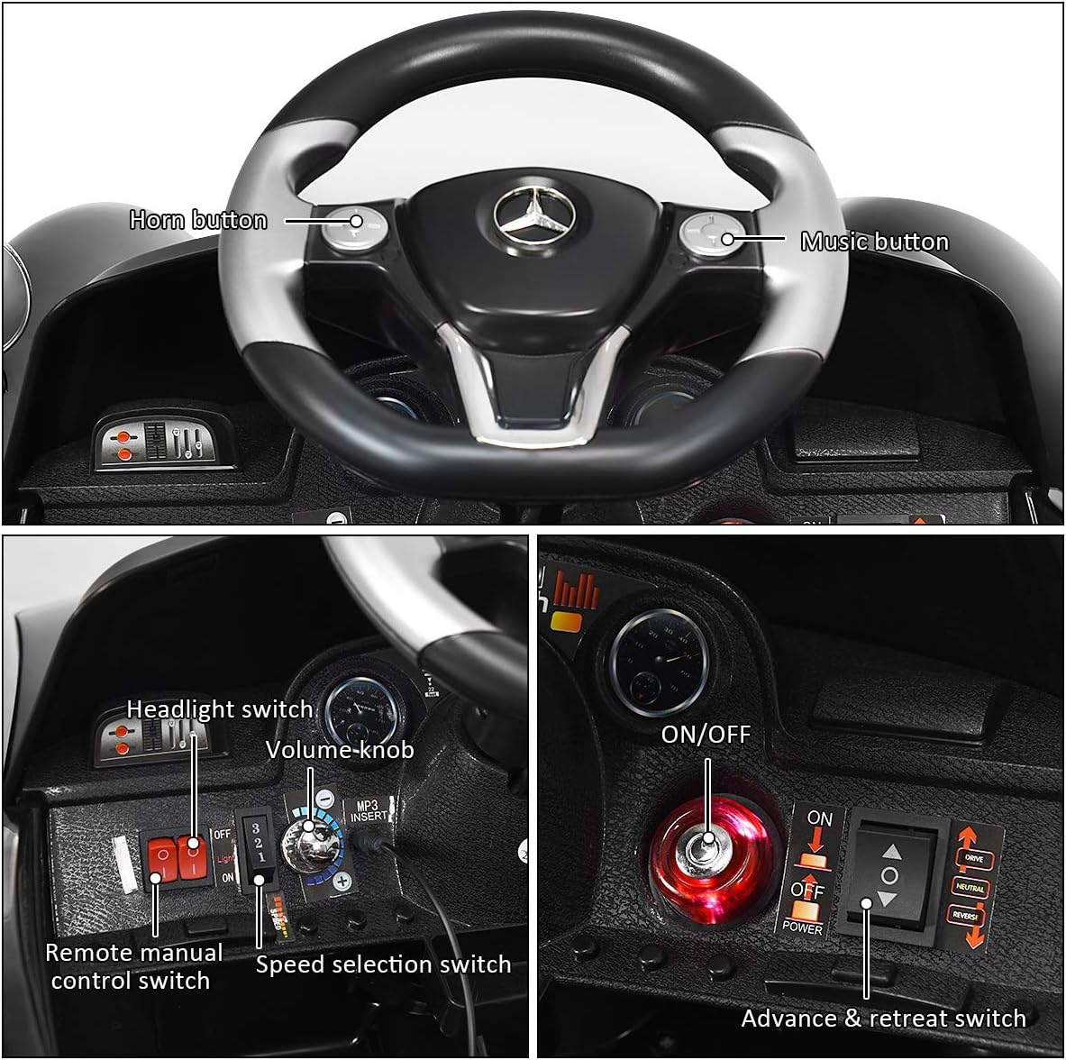 Costzon Ride On Car, Licensed Mercedes Benz 300SL, 6V Battery Powered Kids Vehicle with Parent Remote Control, Safety Belt, Lights, Music, MP3, Volume Control, Electric Vehicle for Boys & Girls, Black : Toys & Games