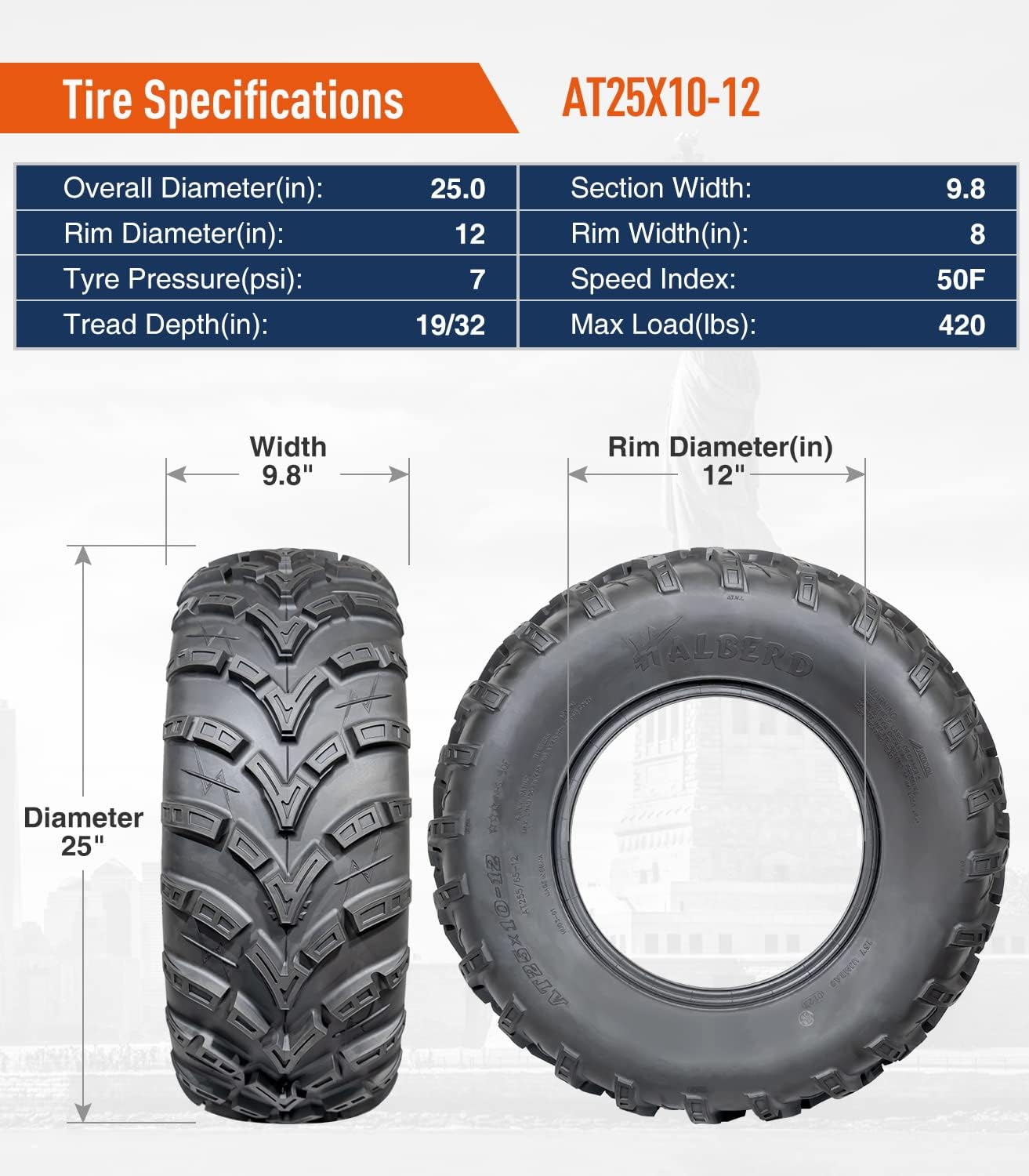 HALBERD 6PR ATV/UTV Tires, 25x8-12 Front & 25x10-12 Rear, All Terrain 15mm Tread Depth 25x8x12 25x10x12 Trail Sand Off-Road Tires, Set of 4