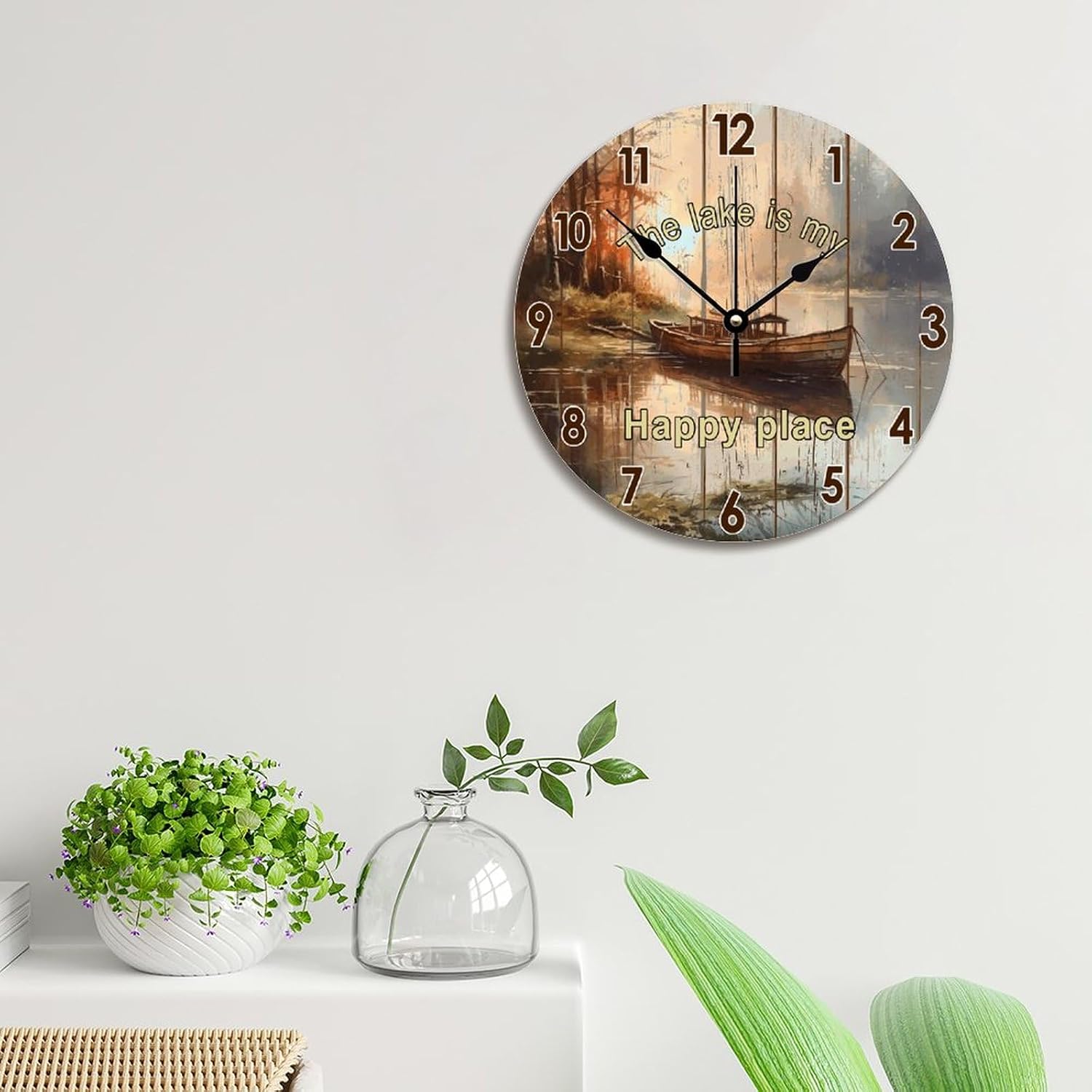 The Lake is Happy Place Large Wall Clocks Battery Operated 12 Inch Non-Ticking Lake House Time Clock Vintage Wall Decor Farmhouse Home Decor for Kitchen Bedroom Living Room Office