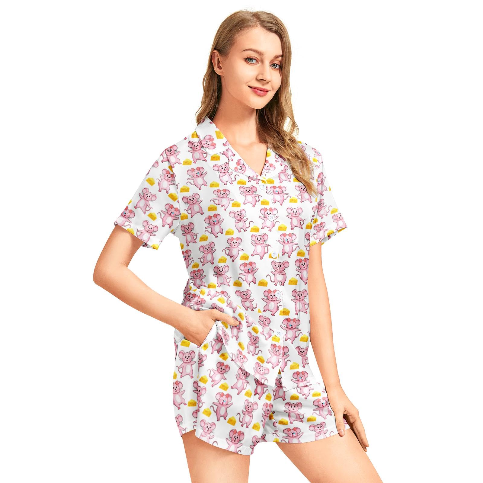 Funny Pajamas for Women Set Print Satin Loungewear Pjs Short Sleeve Button Down Top and Shorts Sets Sleepwear XS-3XL