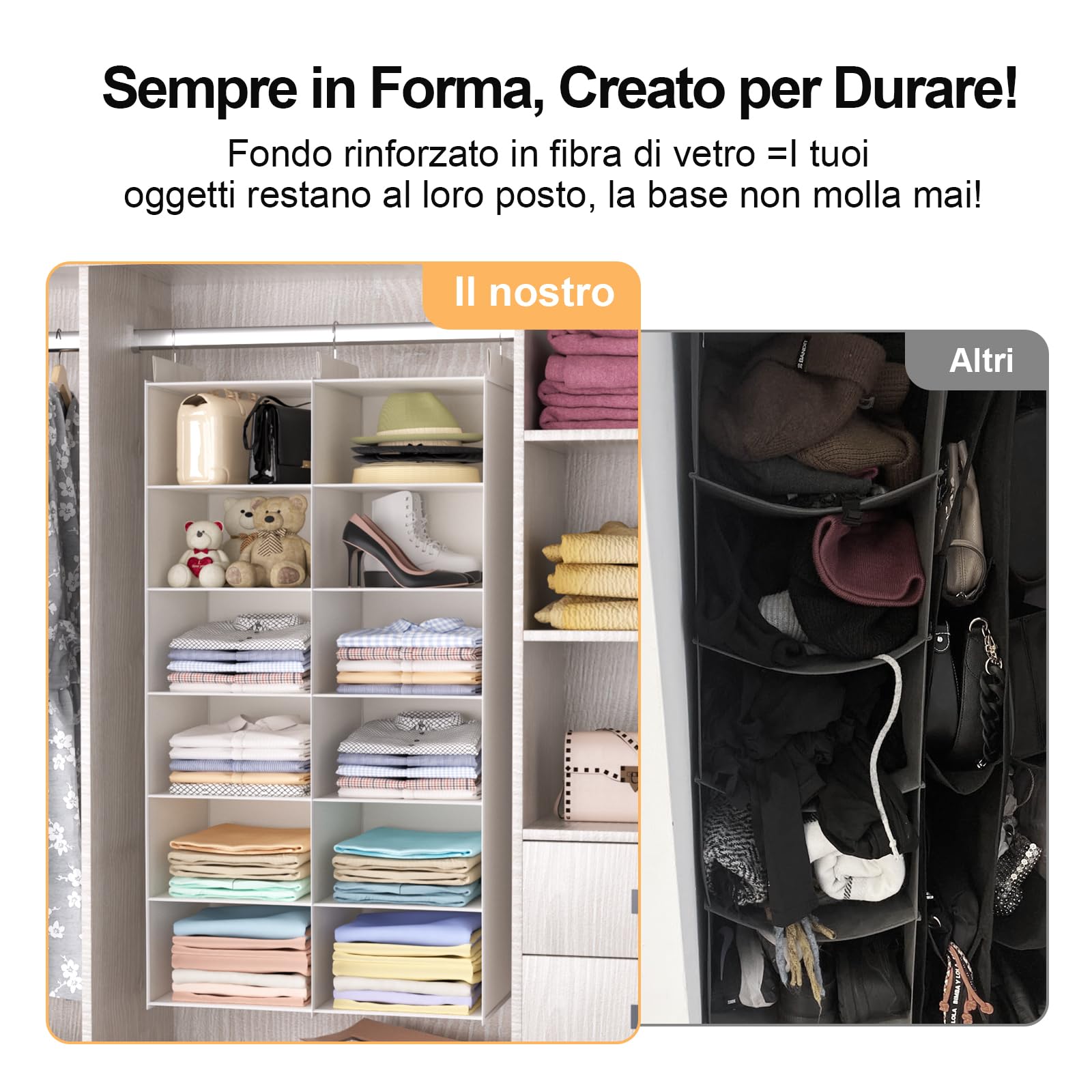 ALLTIDYUP Organizer Armadio da Appendere-Ripiano Pieghevole a Doppia Fila con 6 Scomparti,12 Tasche e 3 Ganci,Salvaspazio per Vestiti-Bianco,Ideale per Dormitori e Camera da Letto (Bianco, 6 Ripiani)