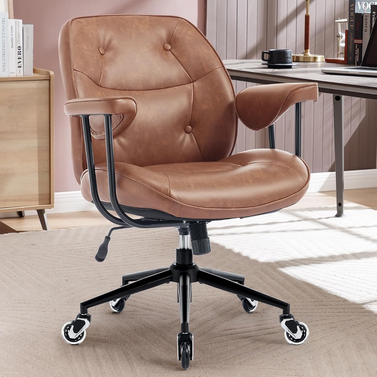 Home Office Desk Chair, Mid Back Ergonomic Computer Chair | Retro Faux Leather Chair with Lumbar Support &Rubber Wheels, Swivel Rolling, 250lbs Capacity, Easy to Assemble