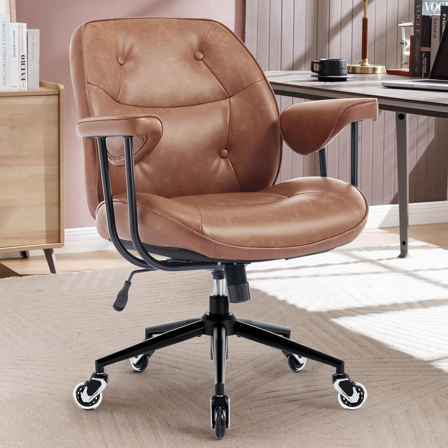 Home Office Desk Chair Retro Faux Leather Chair with Lumbar Support Rubber Wheels Mid Back Ergonomic Computer Chair