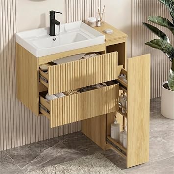 Fluted Bathroom Vanity with 23.6" Ceramic Sink, Wall Mounted Floating Bathroom Cabinet with 2 Soft-Close Drawers and 3-Tier Pull-Out Side Shelf, Natural