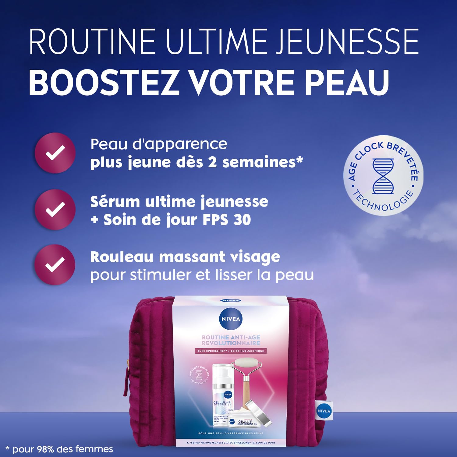 NIVEA - Trousse Soin Visage Anti-Âge Révolutionnaire - Sérum Ultime Jeunesse Epigenetics (30 ml) - Technologie Age Clock + Soin de Jour FPS 30 Cellular Expert Filler (50 ml) - Tous Types de Peaux