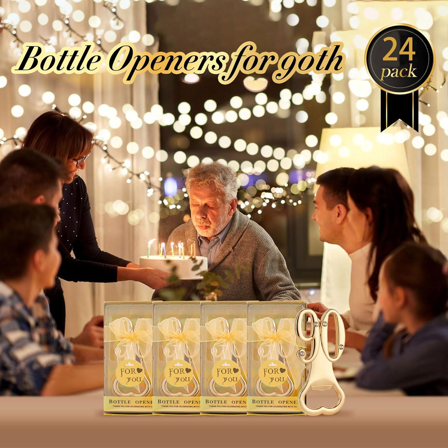 24 Packs of 90th Party Favors Bottle Openers for Birthday, Anniversary, and Wedding Guests Perfect Souvenirs with Gift Boxes and Decorations for Adults(Gold 90 bottle opener)
