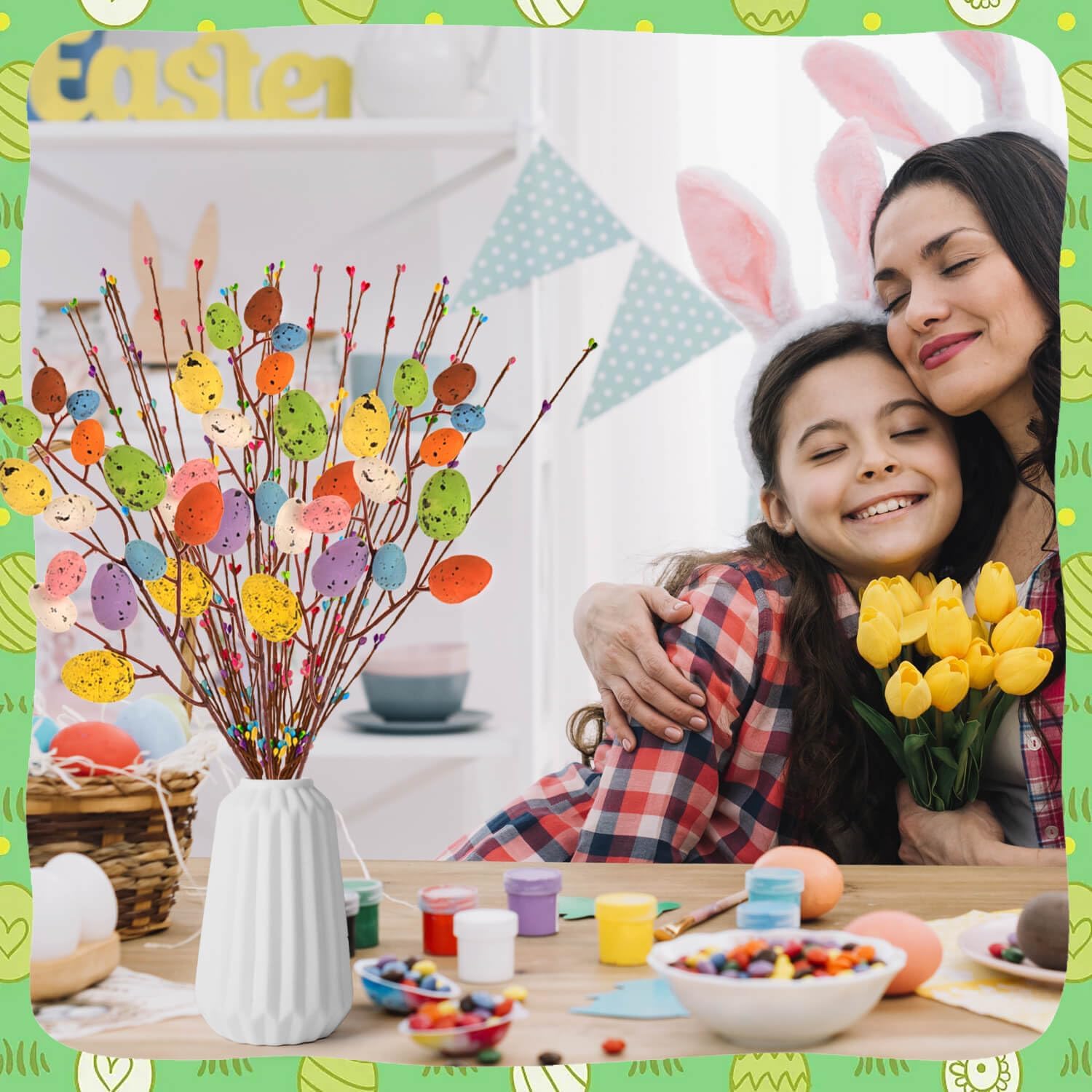 AmFor Artificial Spray Vine with Pastel Eggs, Berries, and Spring Floral Stems - Decorative Speckled Colorful Easter Egg Twig Branches for Easter Arrangements, Centerpieces, and Wreath Decorations - Image 4