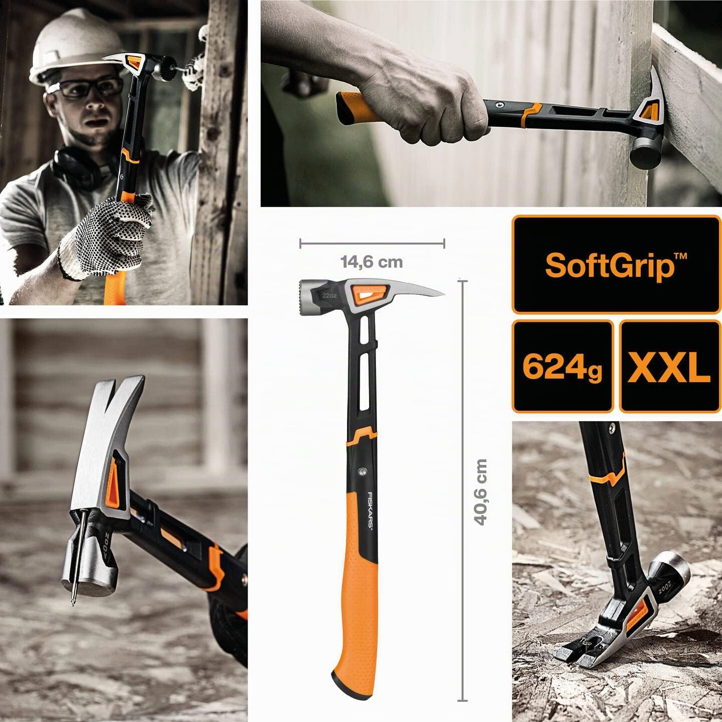 Fiskars Martello da carpentiere IsoCore XXL per piantare chiodi, Lunghezza: 41 cm, Peso: 1,02 kg, Nero/Arancione, 1020216