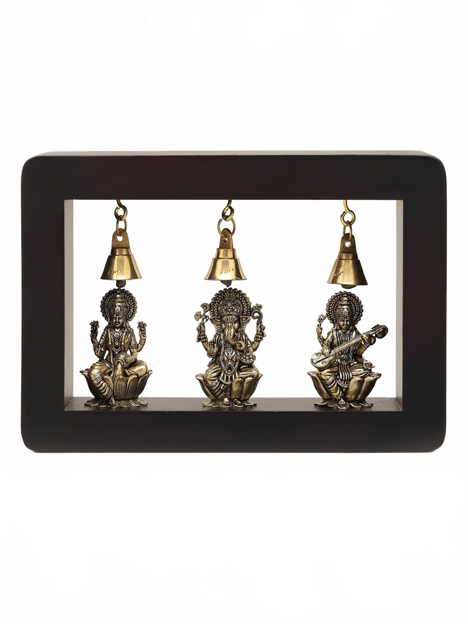 Exotic India 7" Wood Framed Superfine Lakshmi Ganesha Saraswati Brass Statue | Wall Hanging | Puja Room, Diwali, Home, Showpiece Wall Decor