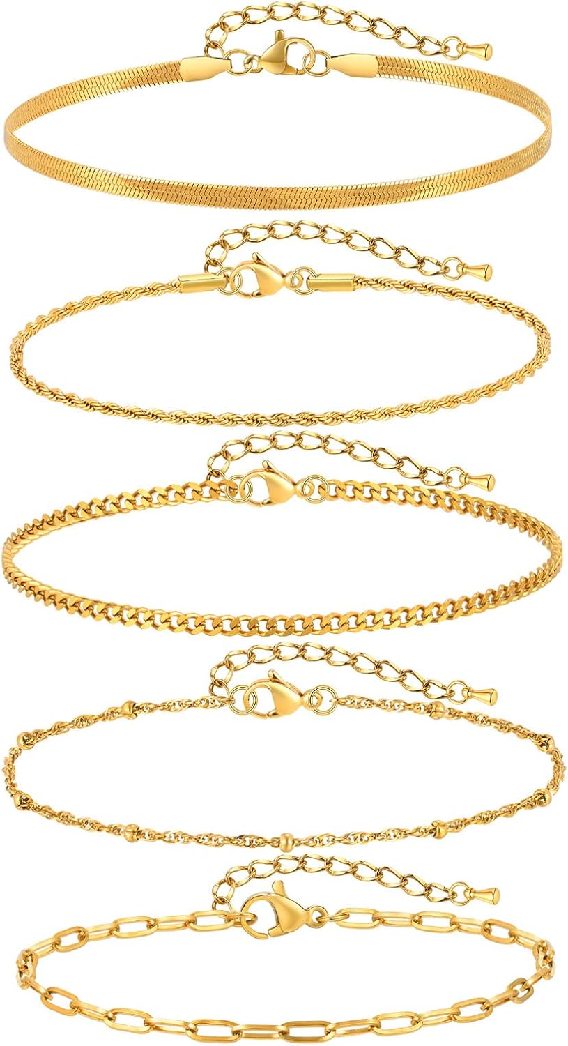 KSF Gold Anklets for Women Waterproof - 18k Gold Plated Ankle Bracelets for Women, 5PCS Anklet Set Cuban Herringbone Figaro Link Chain Anklets for Women Summer Beach Jewelry Gift Adjustable Size