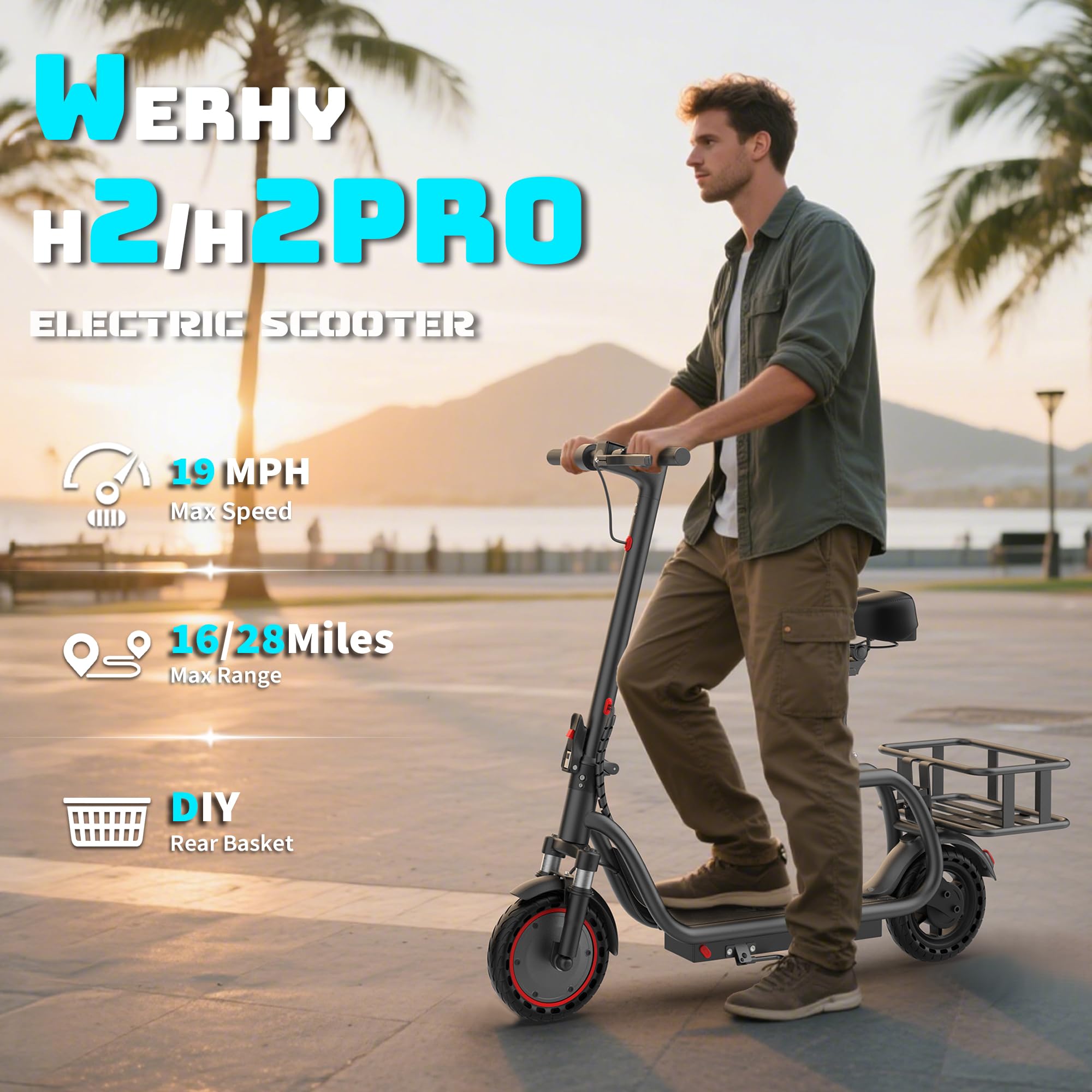 WERHY Electric Scooter with Seat & Suspension - Max 27/49 Miles Range, Top Speed 19/22 MPH, 14" Tires, 500W/750W Powerful Motor, Rear Seat Basket