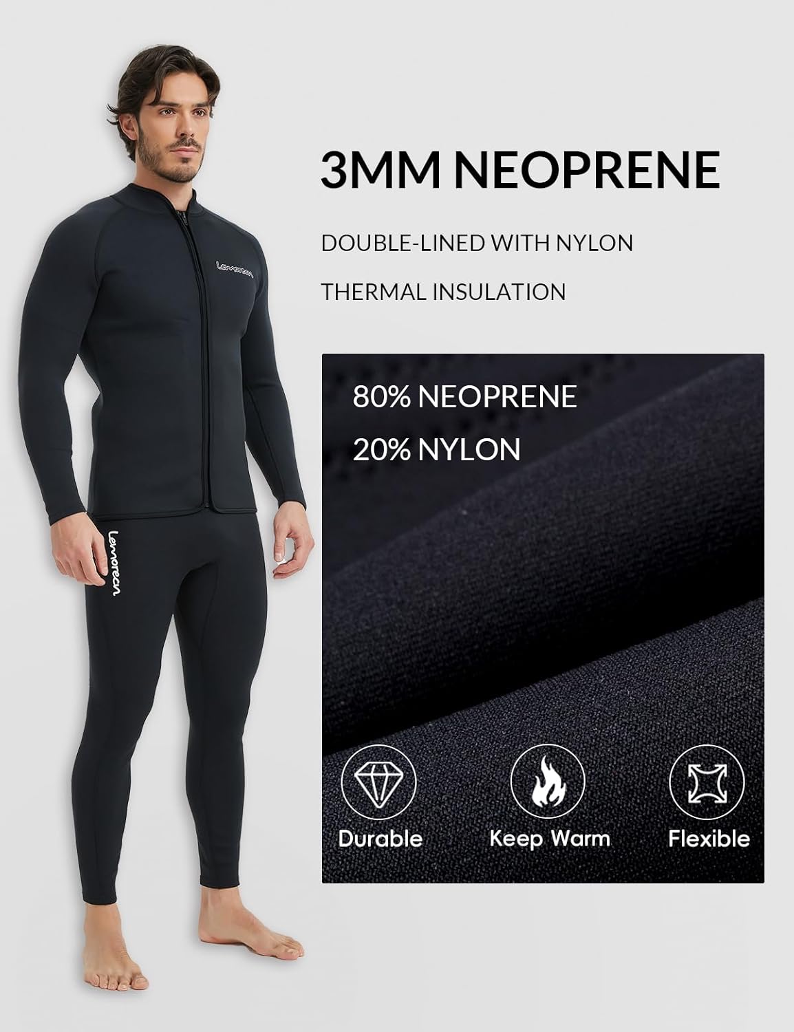 Lemorecn Wetsuit Top Men 3mm and 2mm Wetsuit Jacket Neoprene Long Sleeve for Water Sports - Image 2