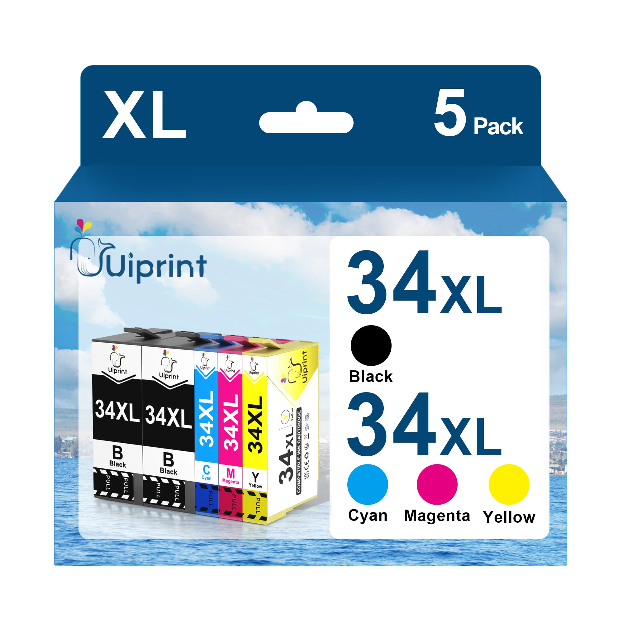 Uiprint 34XL Cartuccia d'inchiostro compatibile 34 XL per WF3725DWF WF3720DWF WF-3725DWF WF-3720DWF WF3725 WF3720 3720DWF 3725DWF(5-Pack)