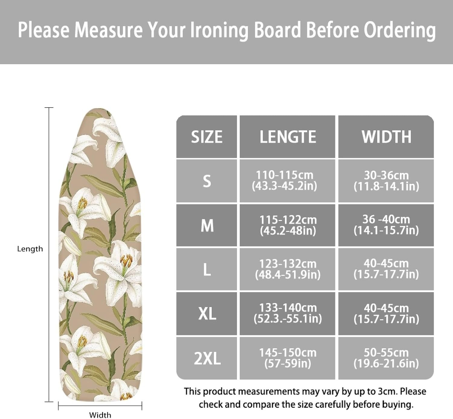 Large Ironing Board Cover and Pad 59x19 Lily Flower Light Brown Iron Table Cover with Padding,Extra Wide,Resist Scorching and Staining,Heatproof,Adjustable Fastener Durable Stain