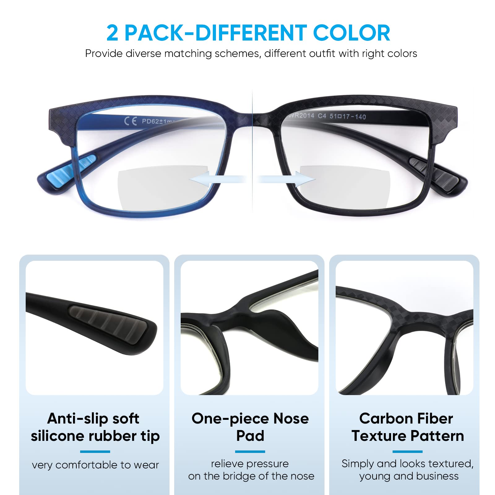 CARA 2er Set progressive Lesegläser Multifocus flexibel und leicht TR90 mit Blaulicht-Blockierung Bifokal Linse: schwarz und blau