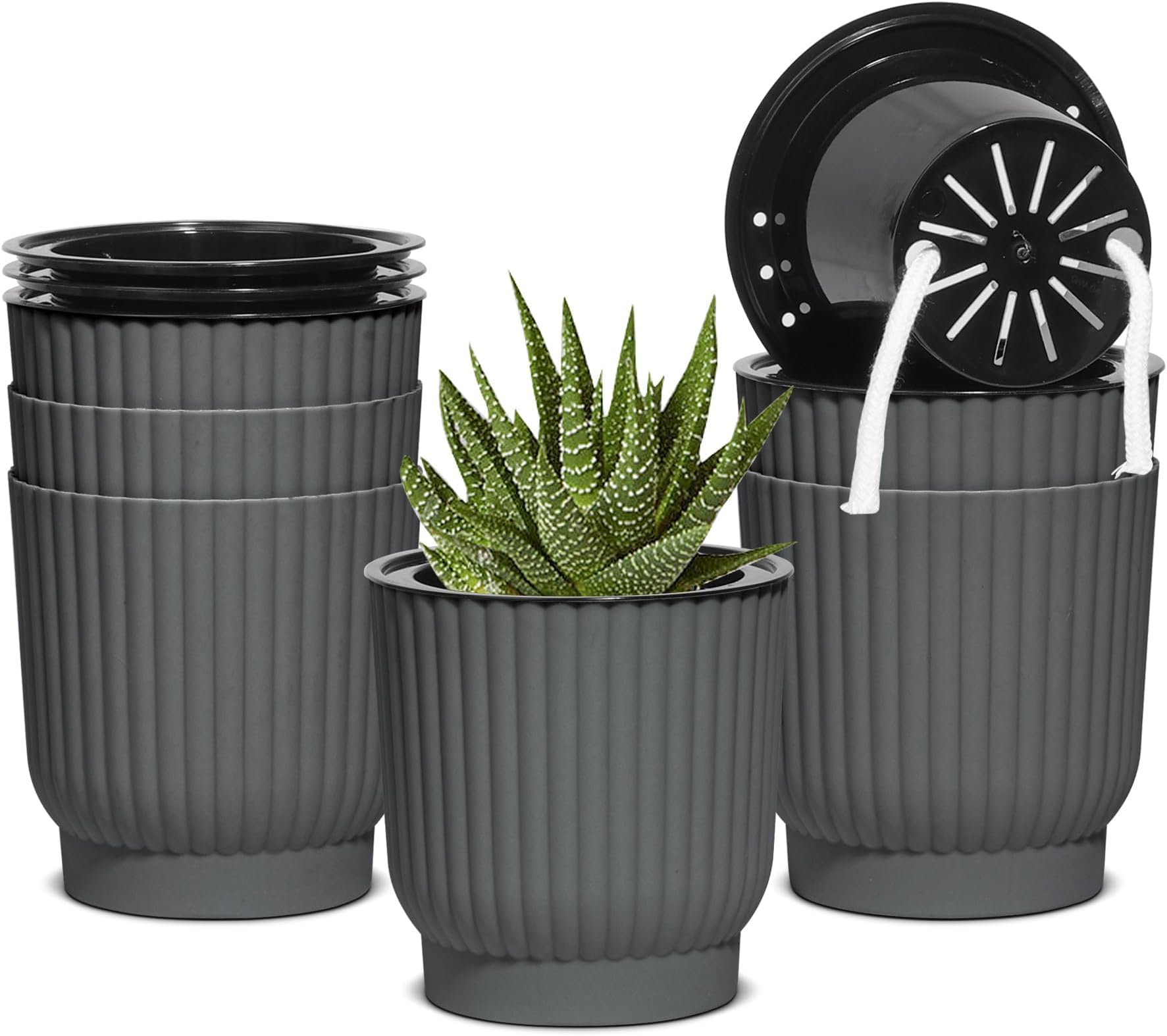T4U Self Watering Pots for Indoor Plants, 4 Inch 6 Pack Planter Gray