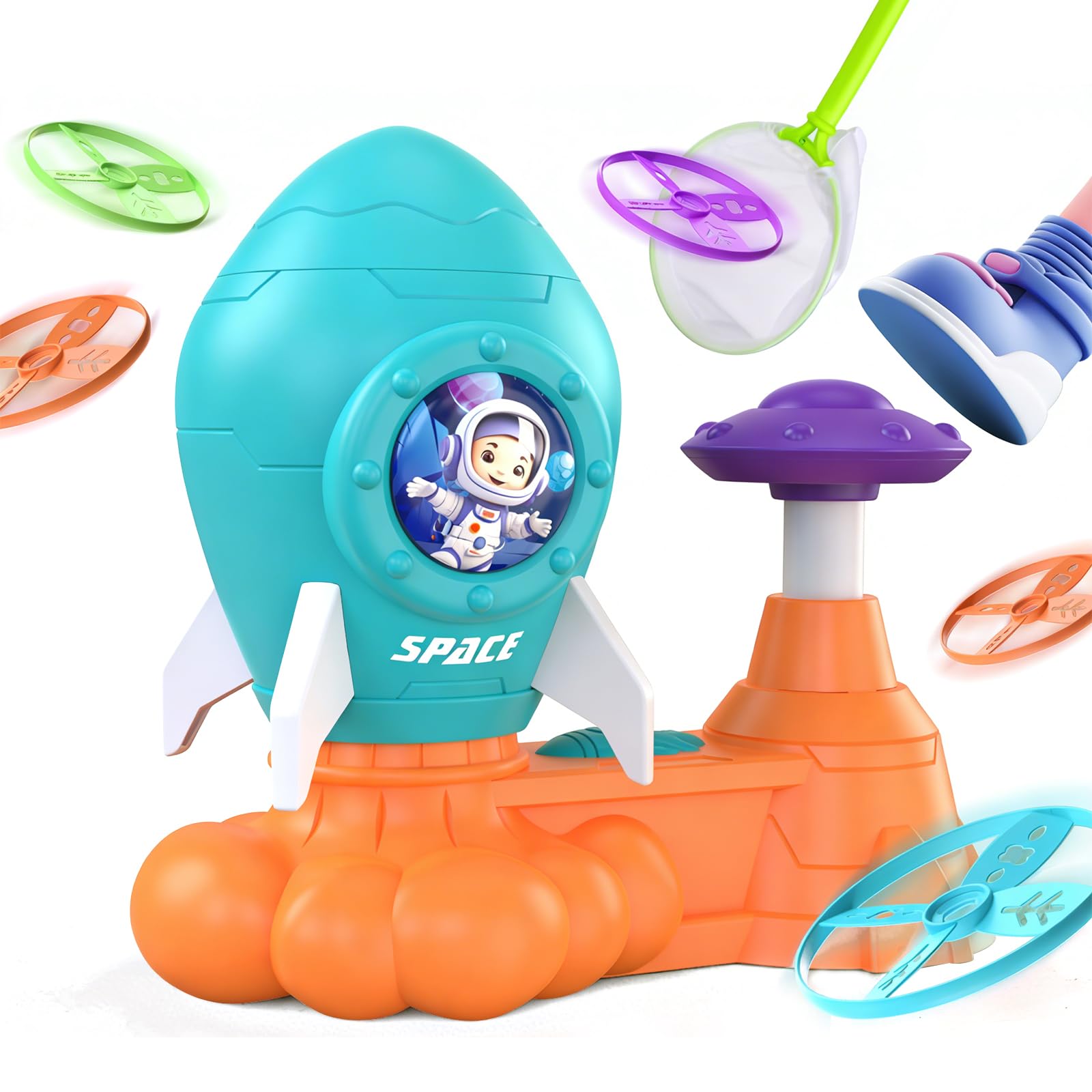 Falafoty Flying Disc Launcher Toy Kids Outdoor Toy, Toddler Garden Flying Toy with 24 Saucers,Outside Yard Activities Launching Chasing Game Propeller Toy Gift for Kid Age 3+,Autism Sensory Equipment