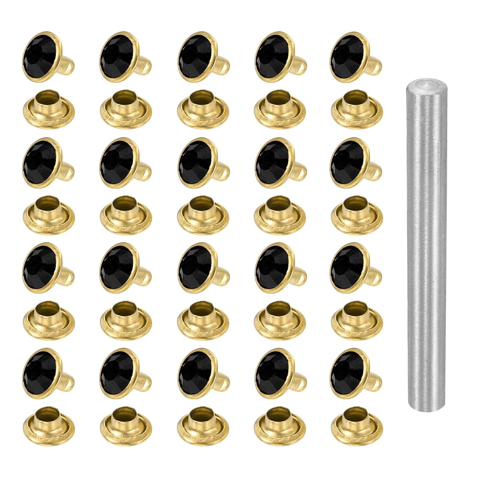 sourcing map 100pcs Crystal Rivets 8mm Rhinestone Rapid Stud Rivets with Steel Installation Tool for Clothing Leather Fabric Arts Crafts Decoration Leathercraft, Gold Black