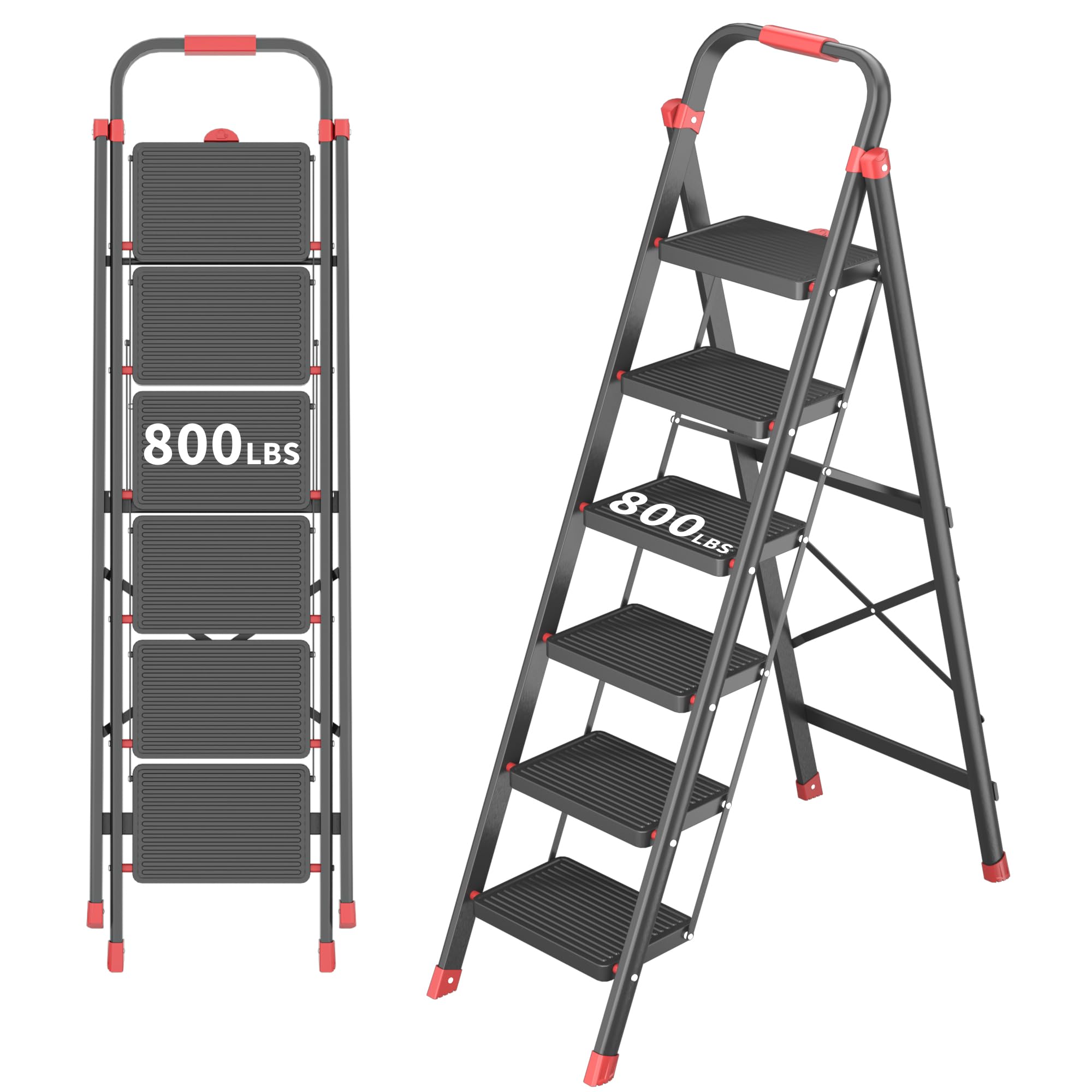 DIAMONDFORGE 6-Step Foldable Step Ladder Stool with Handle, Anti-Slip Wide Pedals & Feet, 800lbs Capacity
