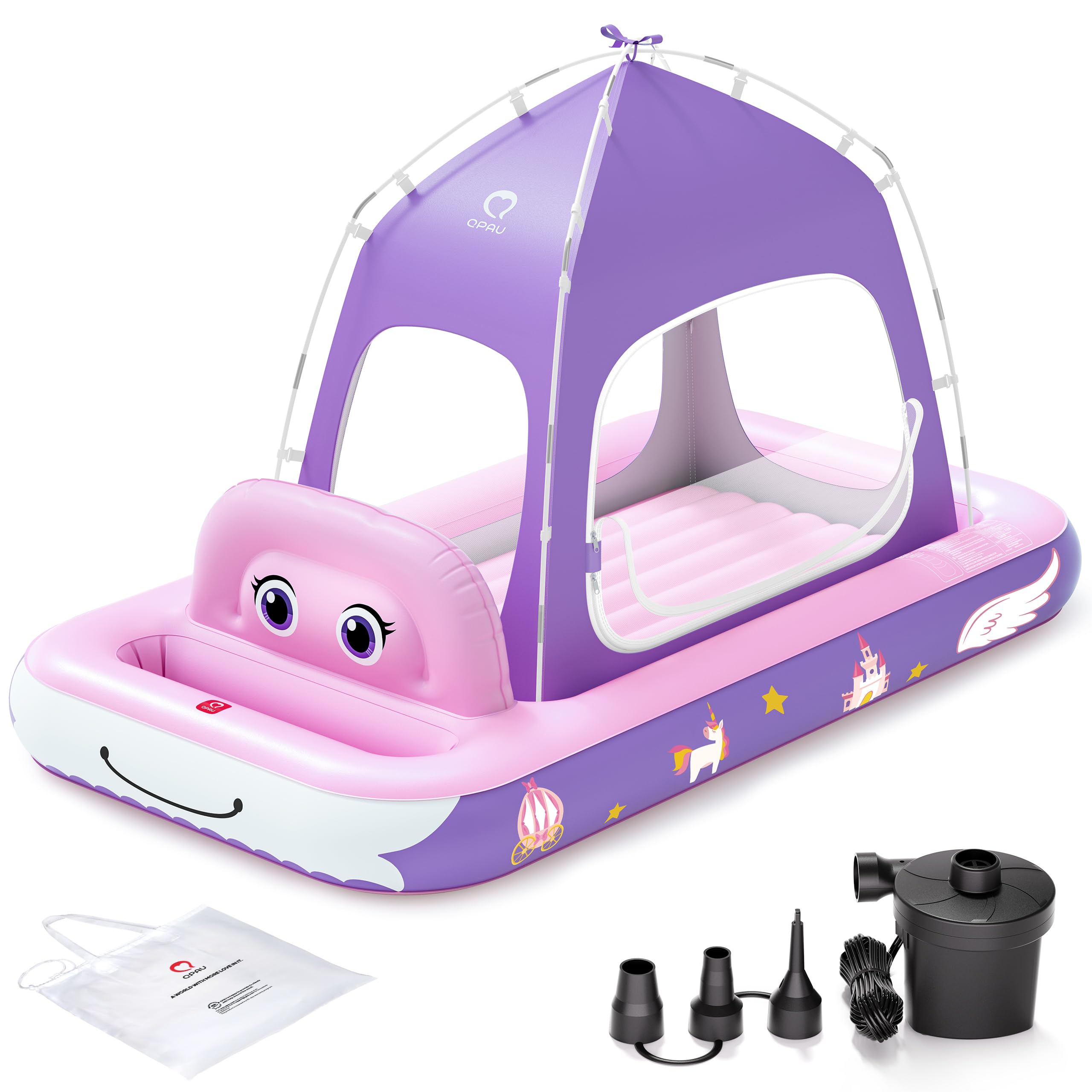 QPAU Inflatable Toddler Travel Bed with Tent Princess Purple